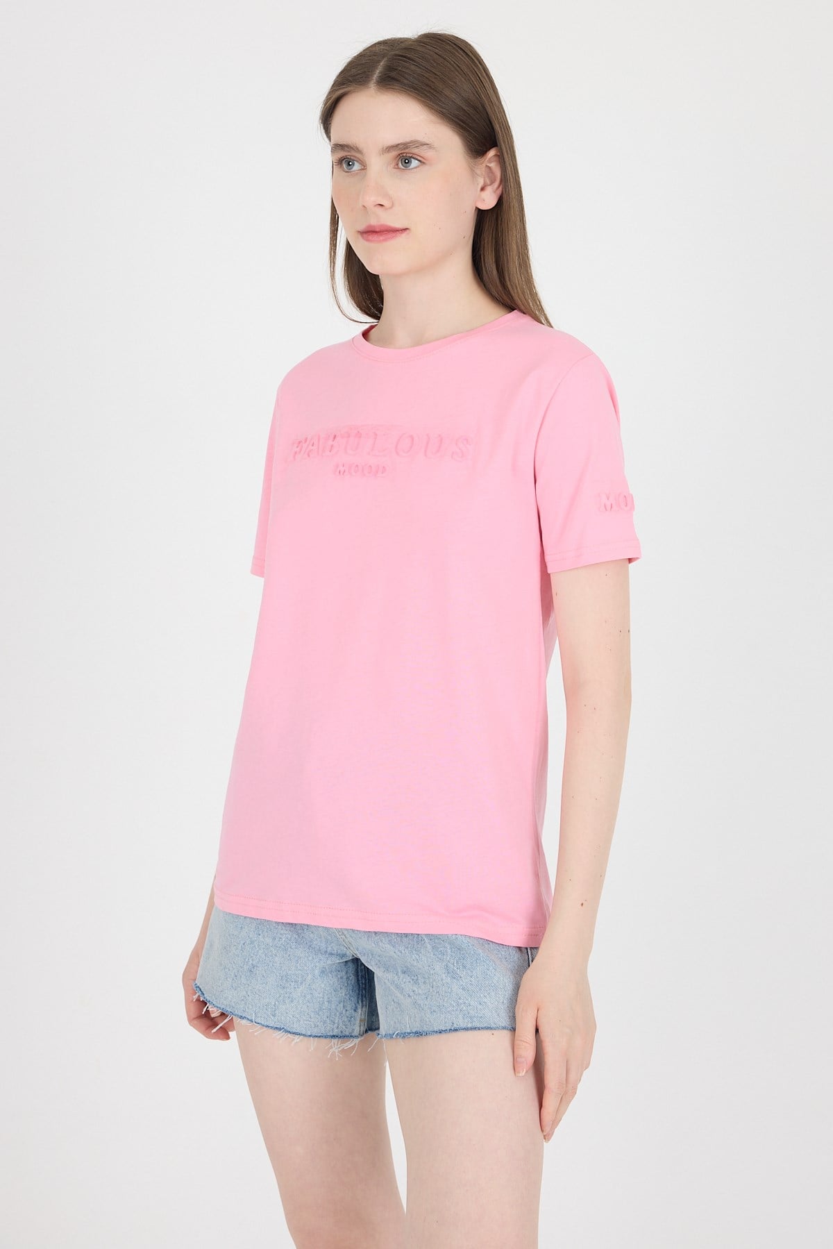 Şeker Pembe Kabartma Yazılı Relaxed Fit Tişört 25209
