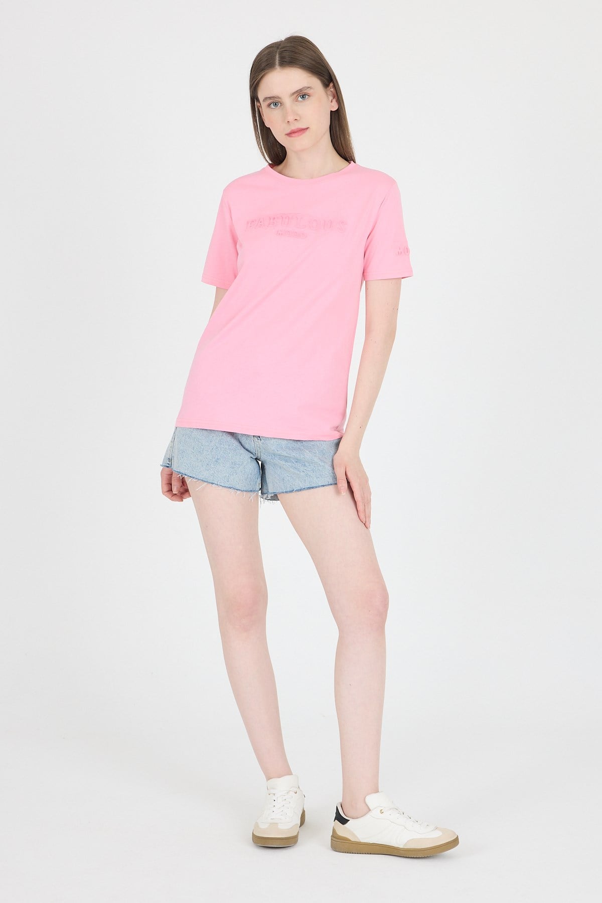 Şeker Pembe Kabartma Yazılı Relaxed Fit Tişört 25209