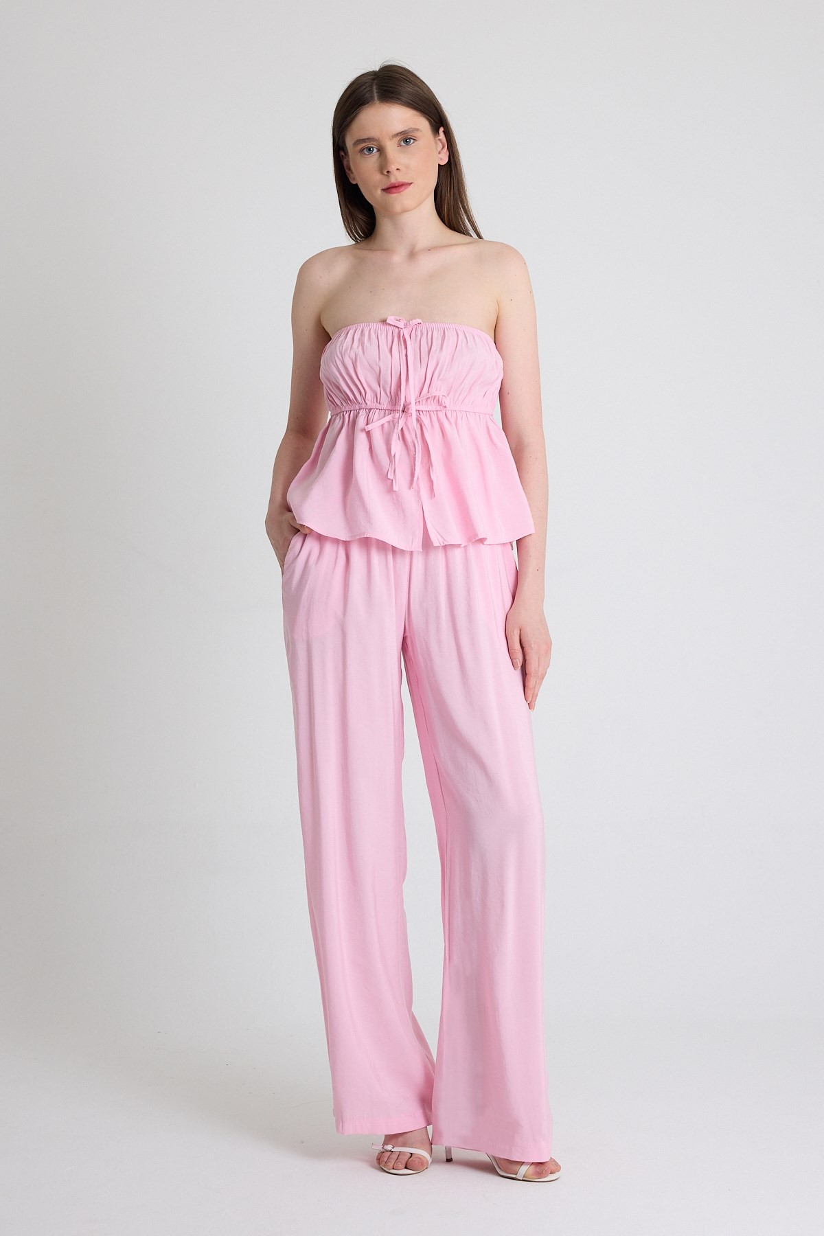Şeker Pembe Mavi Straplez Bluz ve Geniş Paça Pantolon İkili Takım 5236