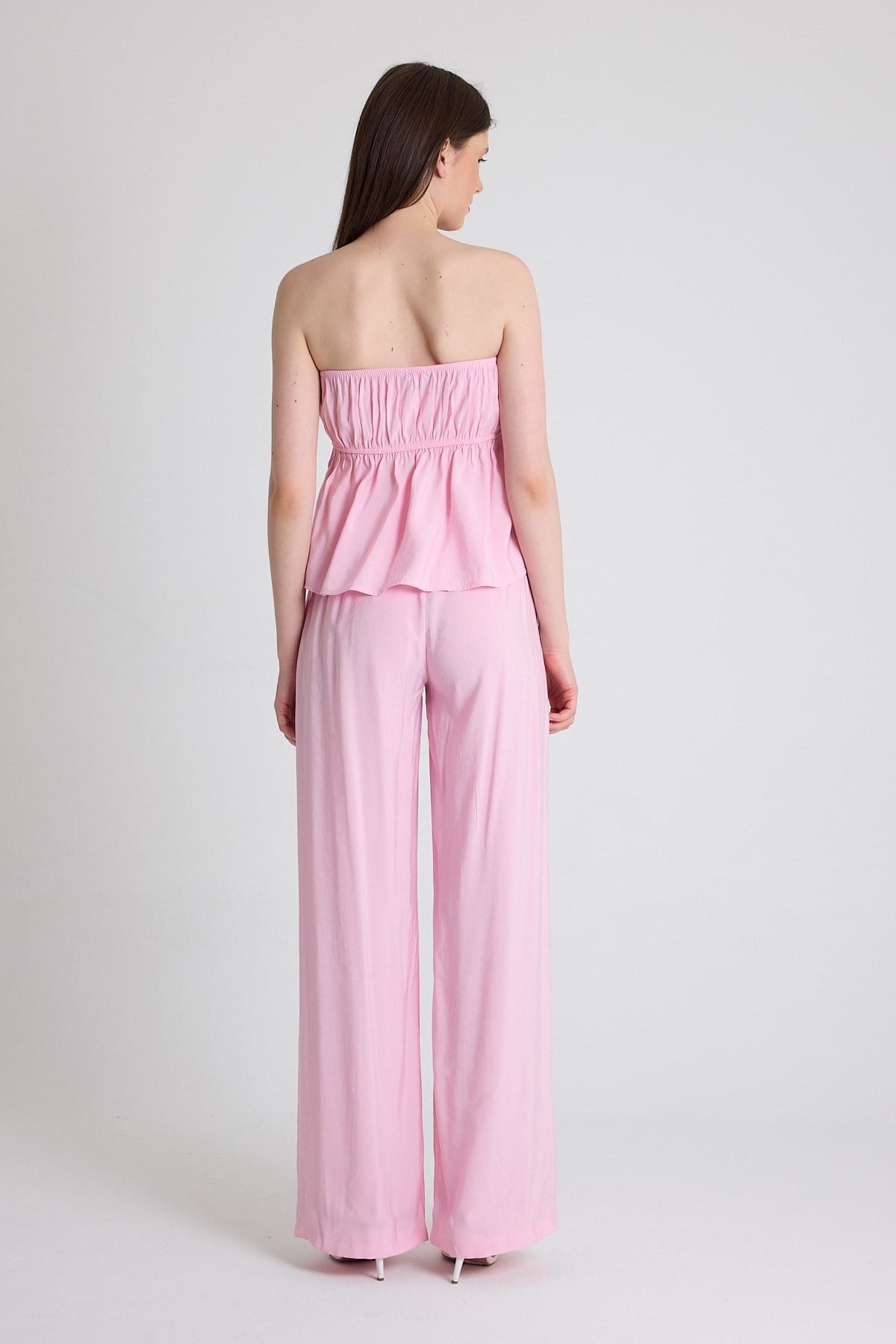 Şeker Pembe Mavi Straplez Bluz ve Geniş Paça Pantolon İkili Takım 5236