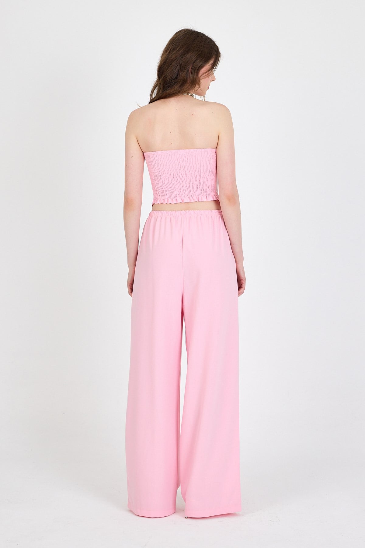 Şeker Pembe Straplez Asimetrik Bluz Pantolon Takım 5234
