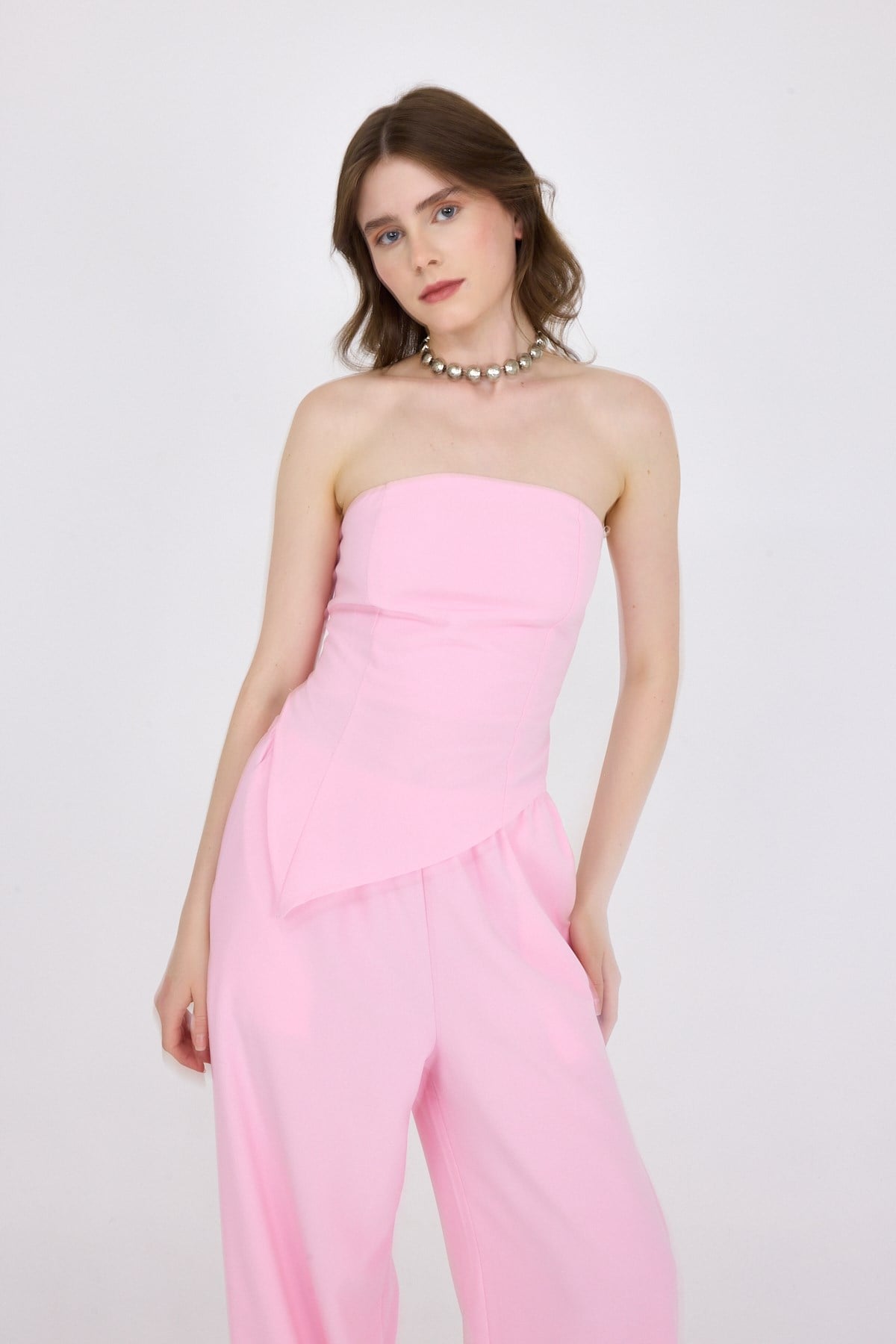 Şeker Pembe Straplez Asimetrik Bluz Pantolon Takım 5234