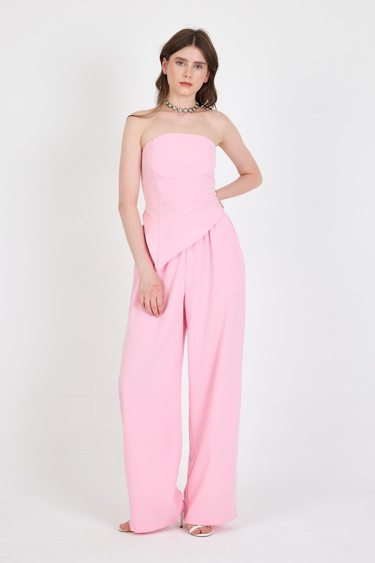 Şeker Pembe Straplez Asimetrik Bluz Pantolon Takım 5234