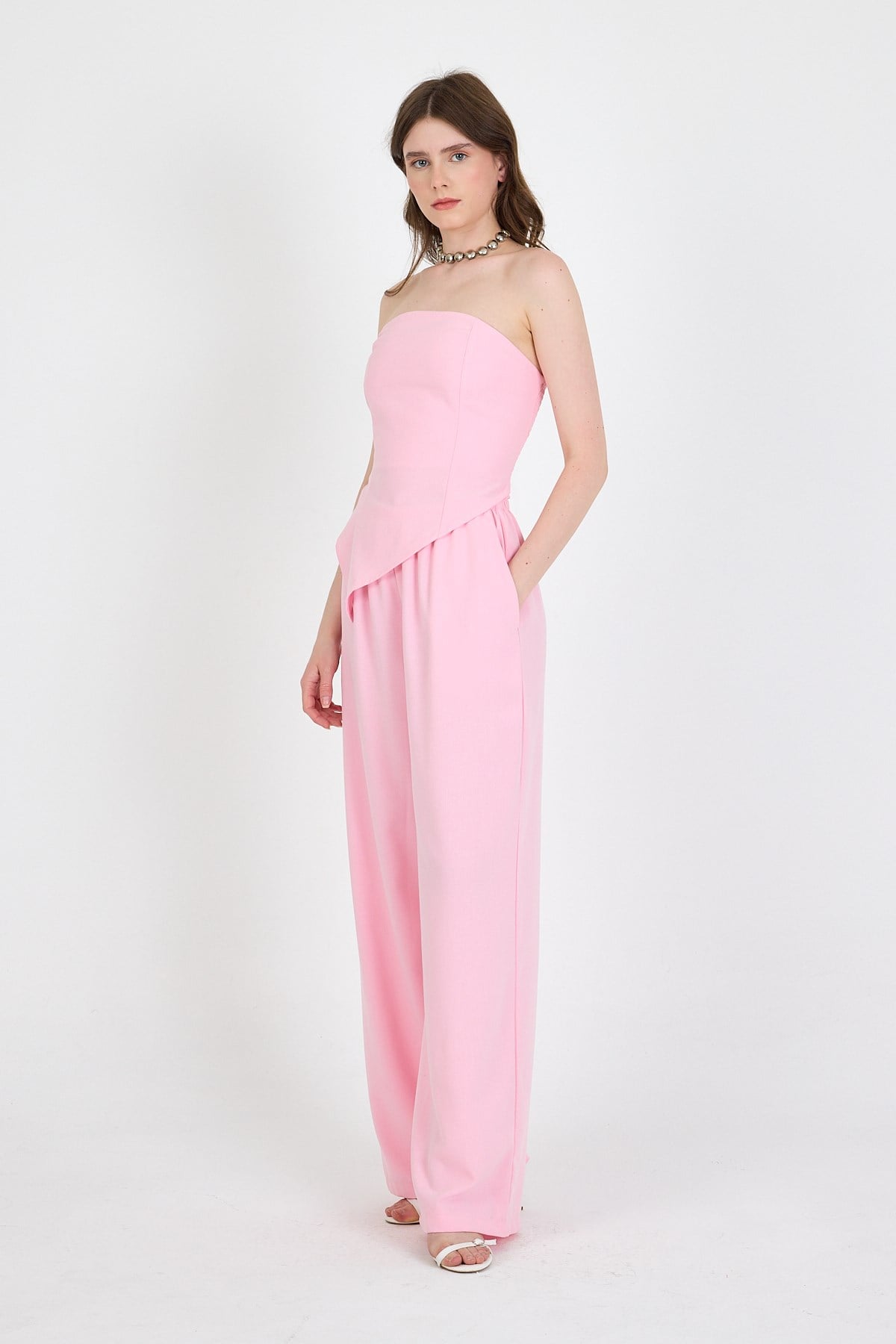 Şeker Pembe Straplez Asimetrik Bluz Pantolon Takım 5234
