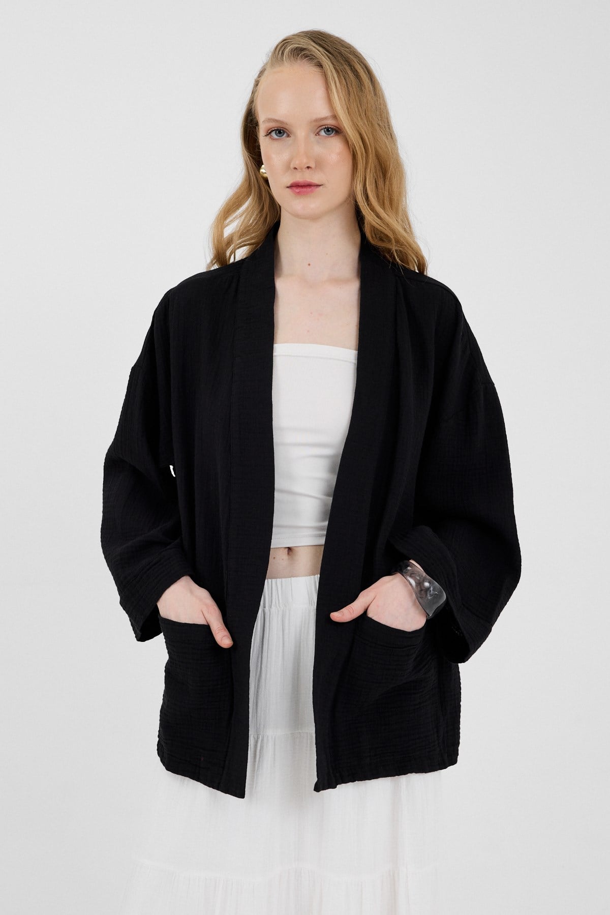 Siyah %100 Pamuk Cepli Müslin Kimono 8065A
