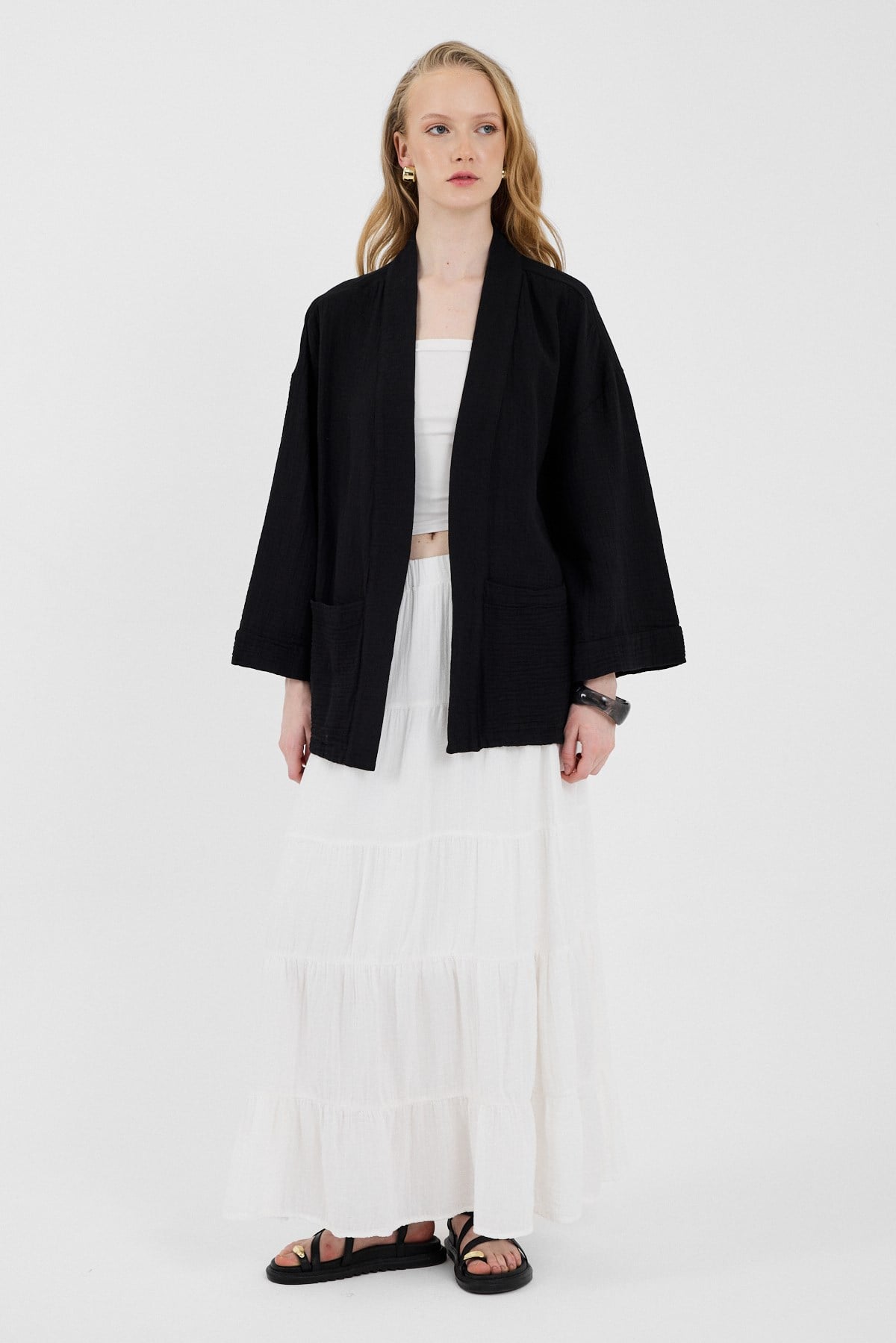 Siyah %100 Pamuk Cepli Müslin Kimono 8065A