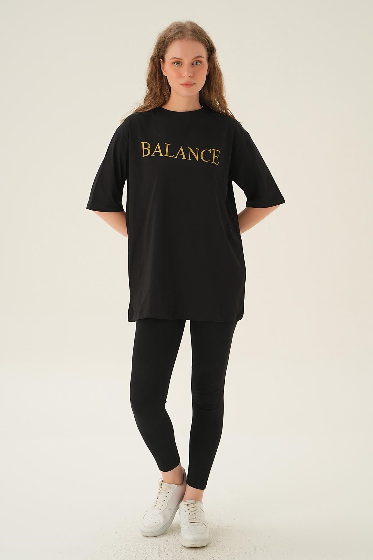 Siyah Balance Baskı Oversize Tişört 1697