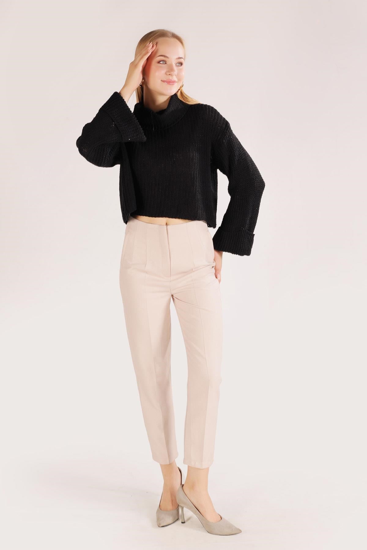 Siyah Balıkçı Yaka İspanyol Kol Kazak 1366