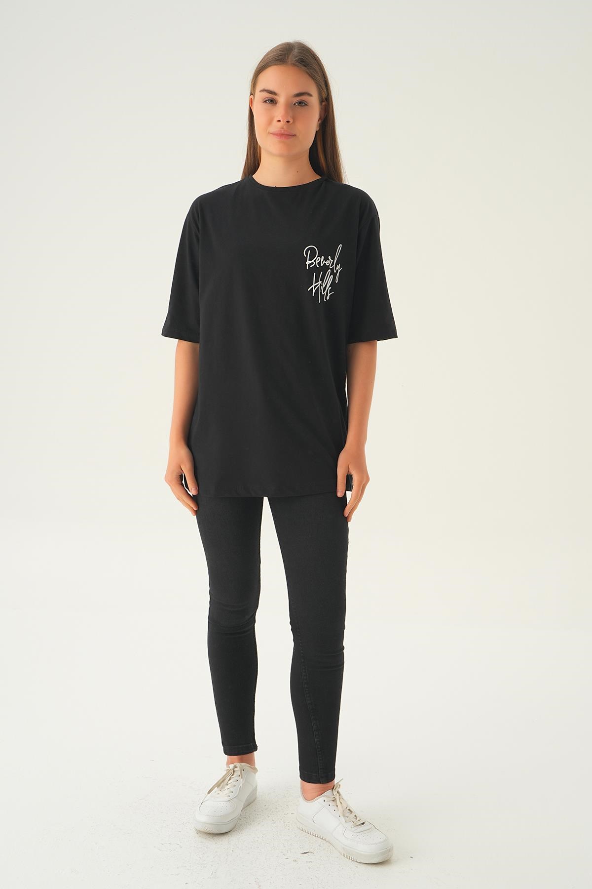 Siyah Baskılı Oversize Tişört 1707