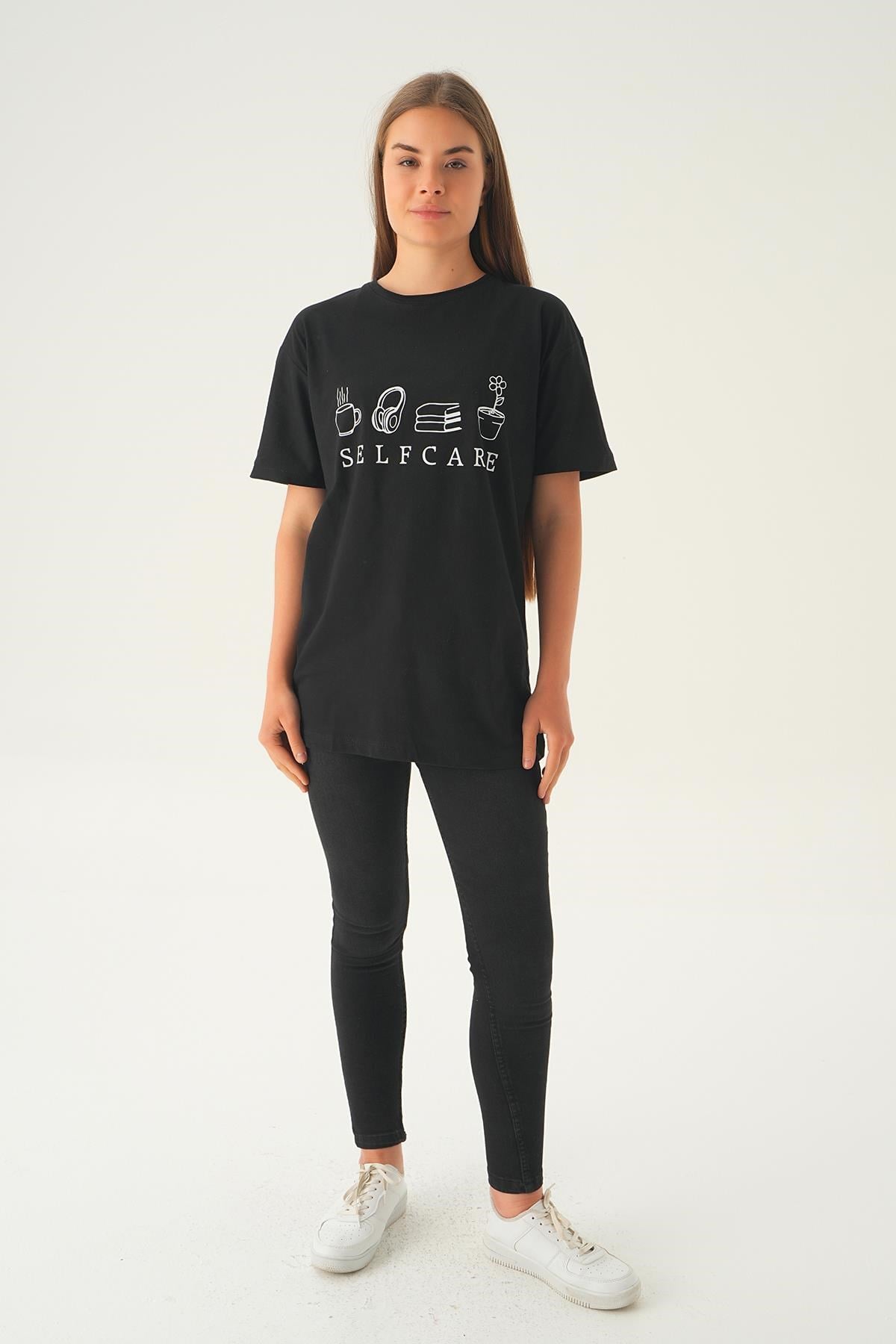 Siyah Baskılı Oversize Tişört 1716