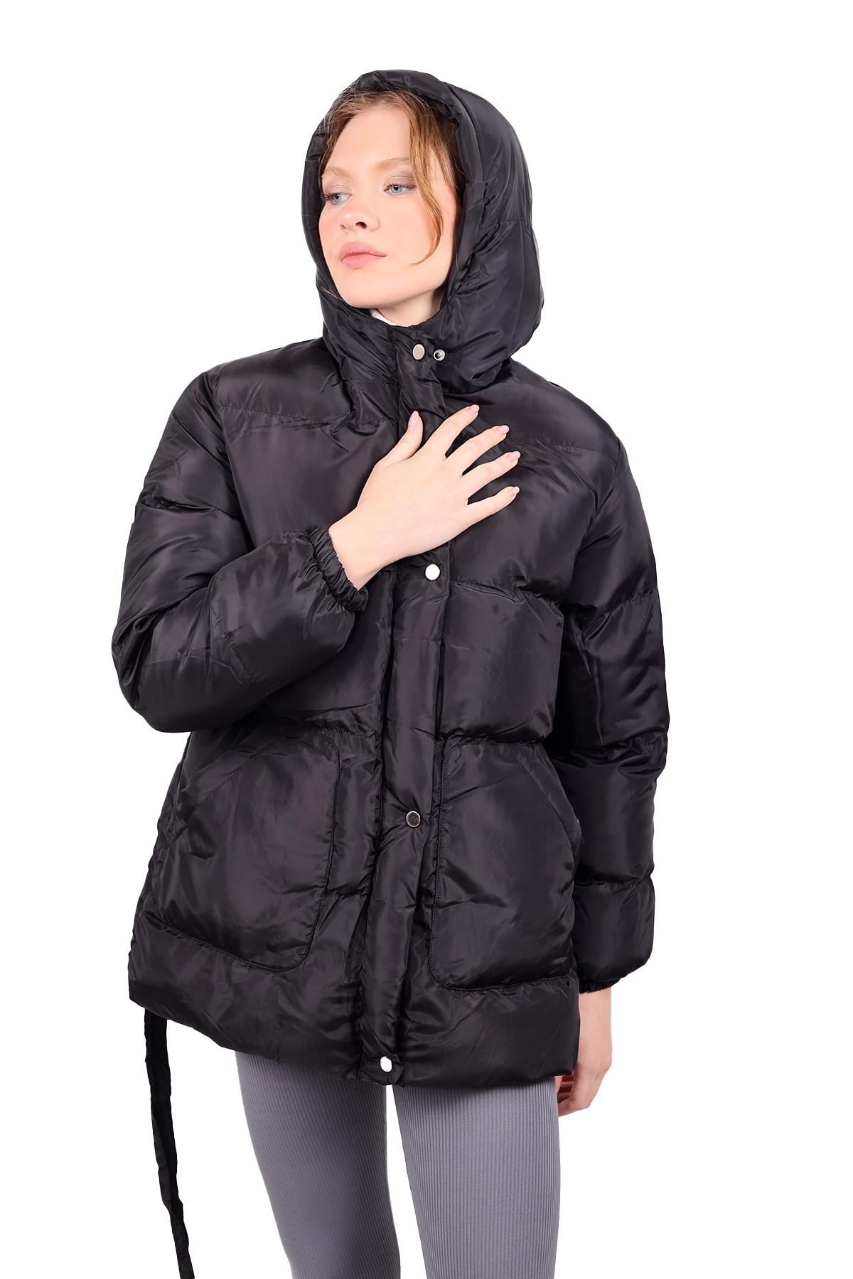 Siyah Beli Bağlamalı Şişme Mont 3015