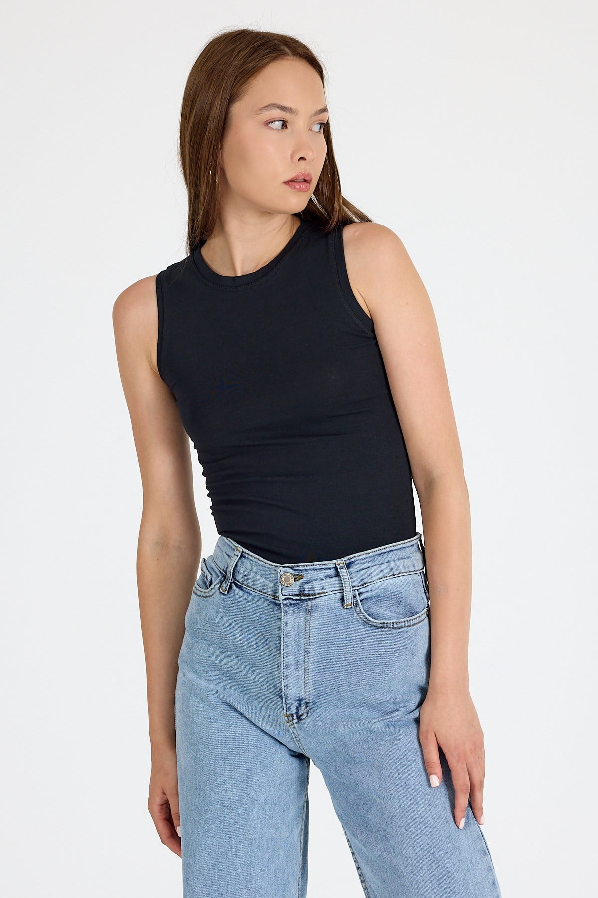 Siyah Bisiklet Yaka Kolsuz Slim Fit Atlet 1663