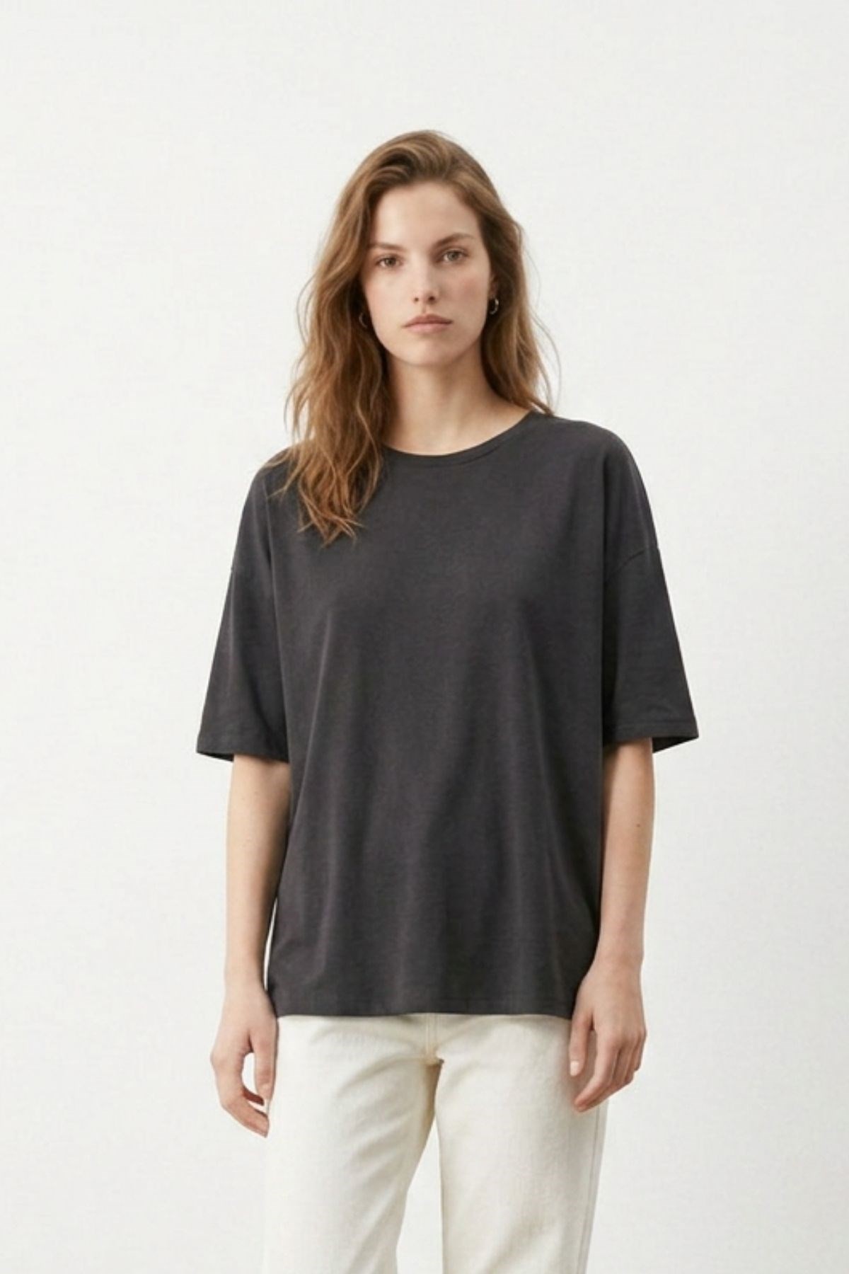 Siyah Bisiklet Yaka Oversize Tişört 3659