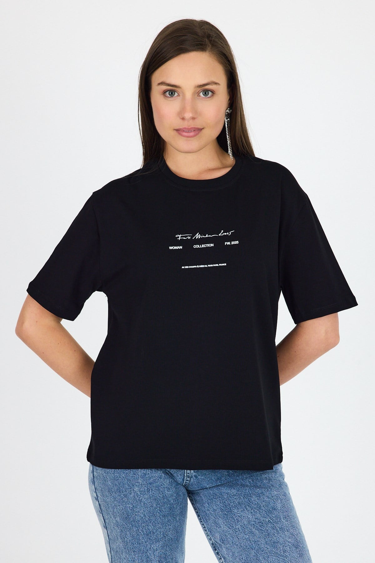 Siyah Bisiklet Yaka Yazı Baskılı Oversize Tişört 5832