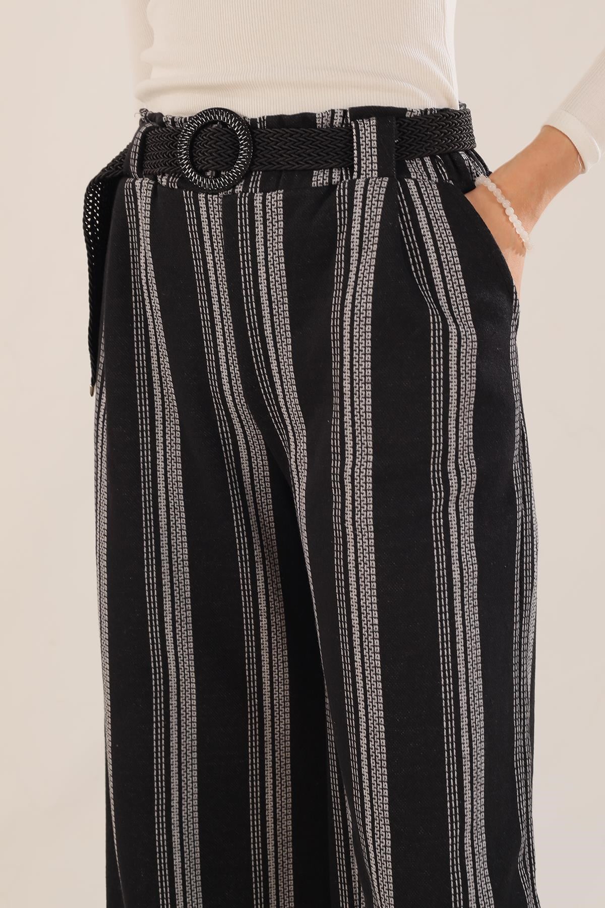 Siyah Bol Paça Çizgili Pantolon 3264