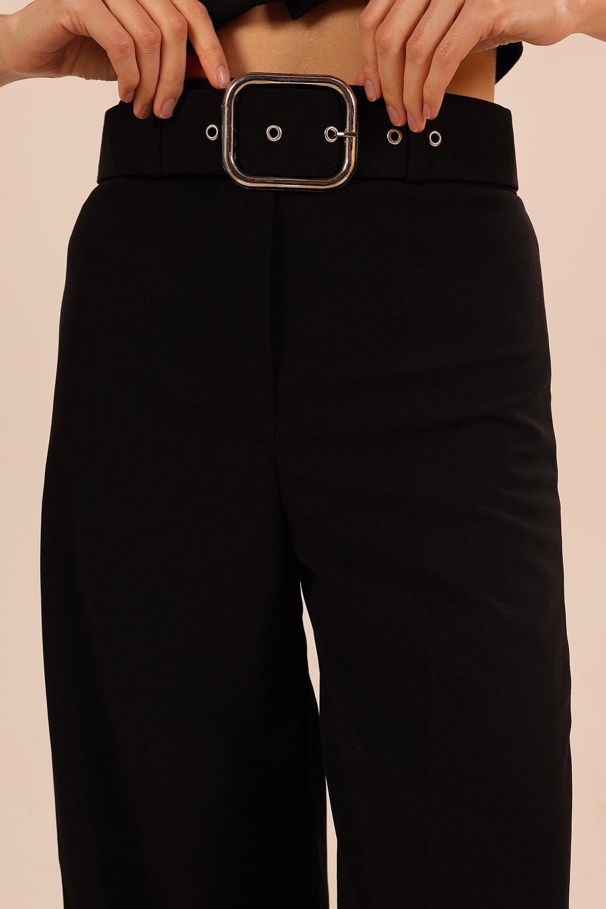 Siyah Bol Paça Kemerli Pantolon 5059