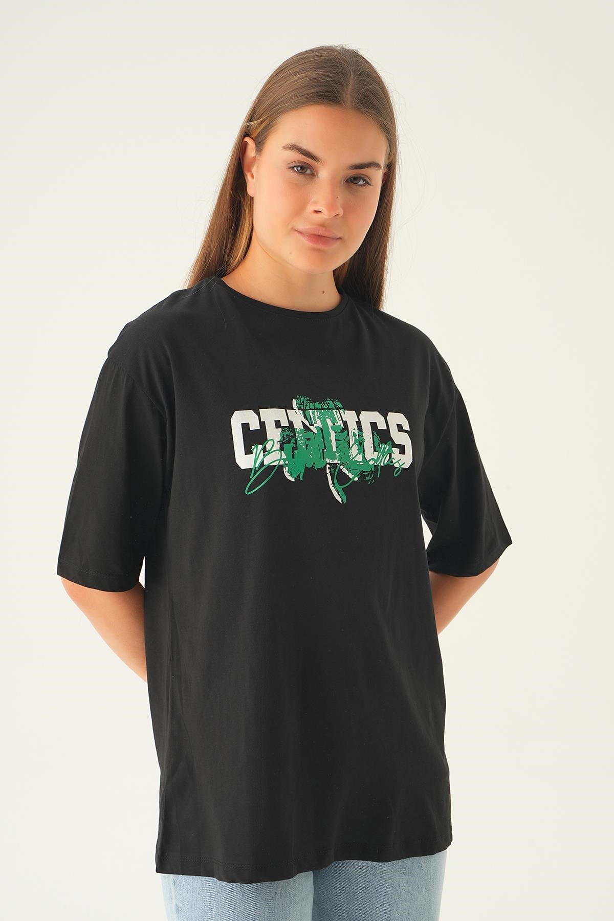 Siyah Celtıcs Baskı Oversize Tişört 1701