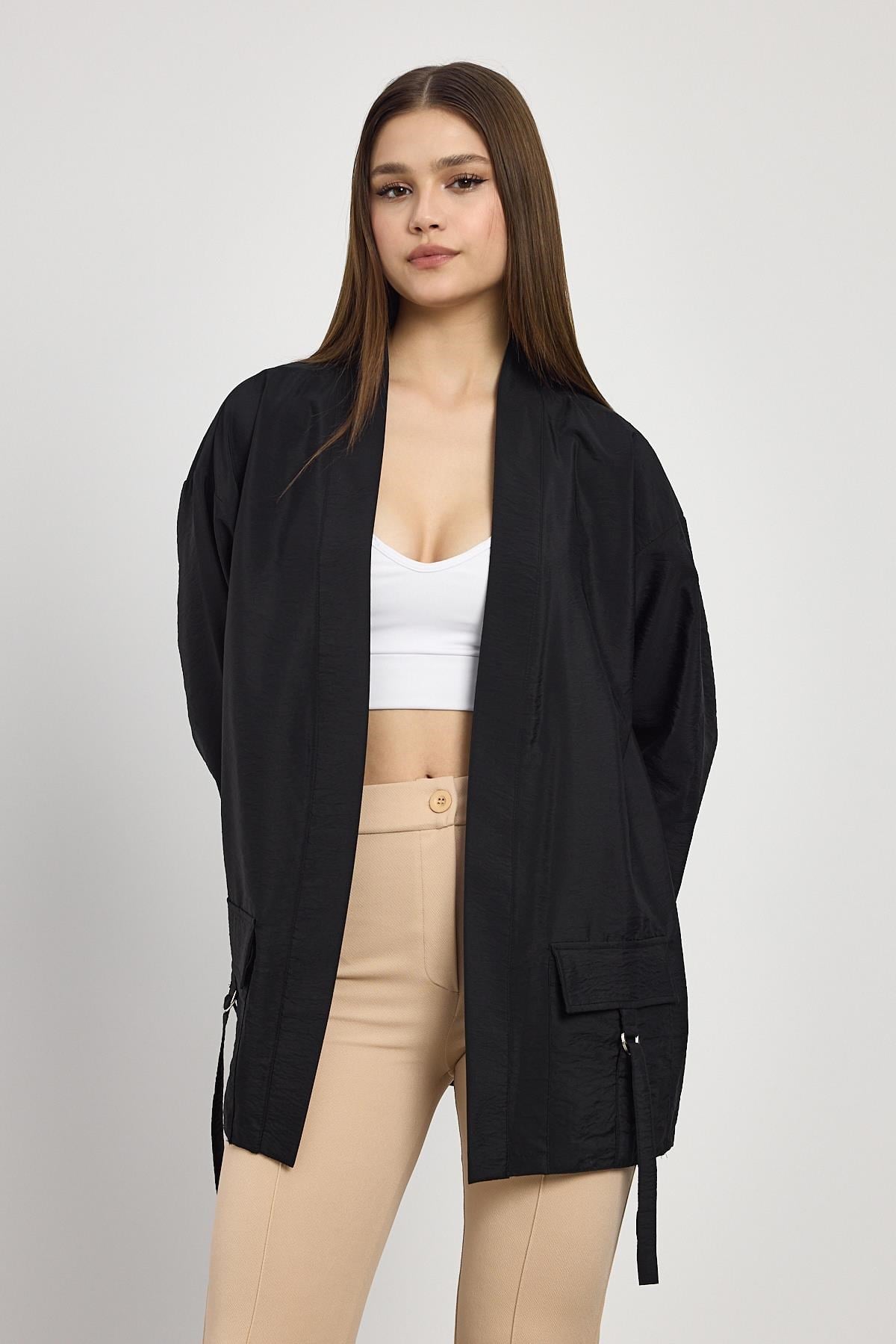 Siyah Cep Detay Kimono 4194A