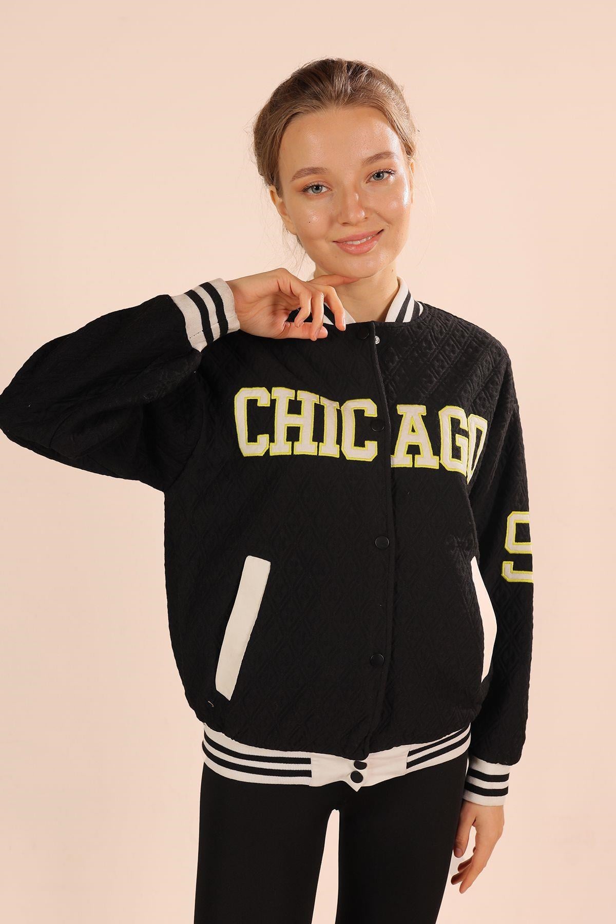 Siyah Chicago Nakış Kolej Ceket 1028