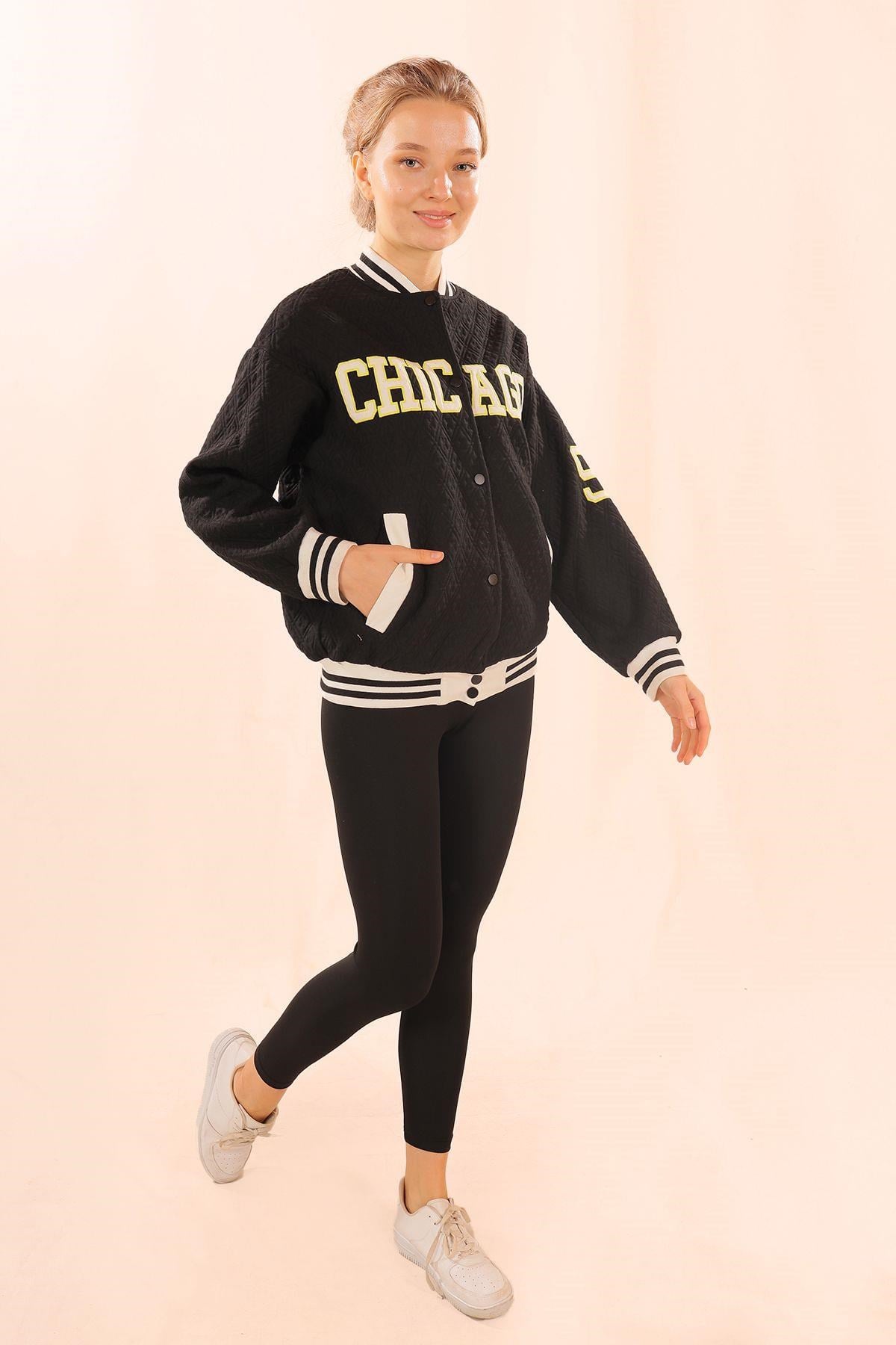 Siyah Chicago Nakış Kolej Ceket 1028