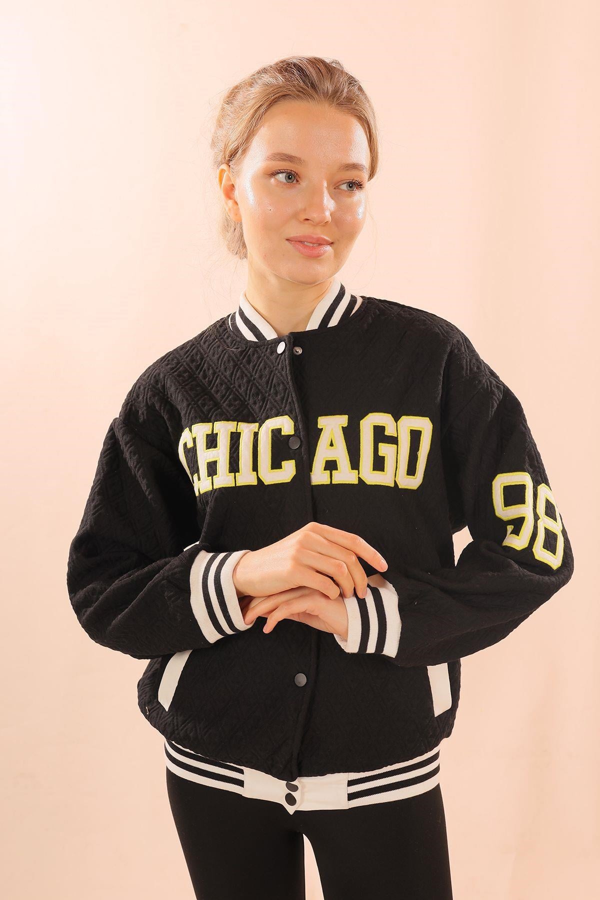 Siyah Chicago Nakış Kolej Ceket 1028
