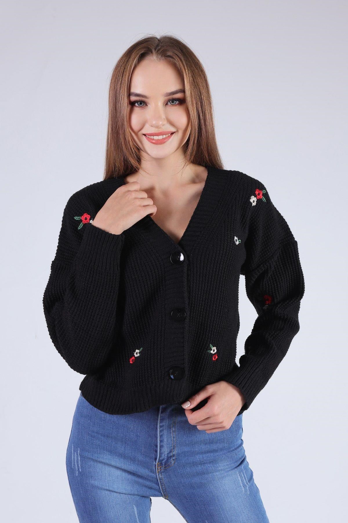Siyah Çiçekli Kısa Hırka 384