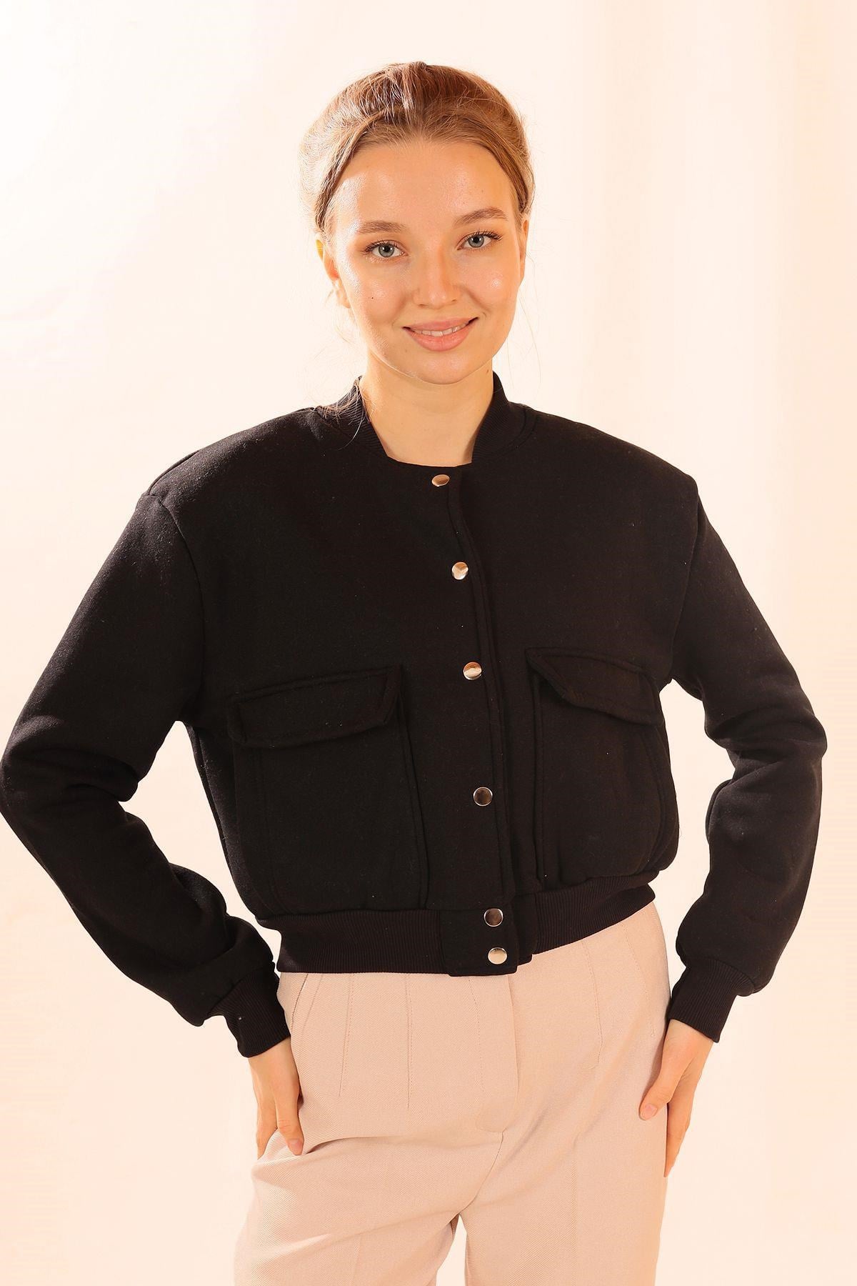 Siyah Çift Cepli Çıtçıtlı Kısa Sweat 1785