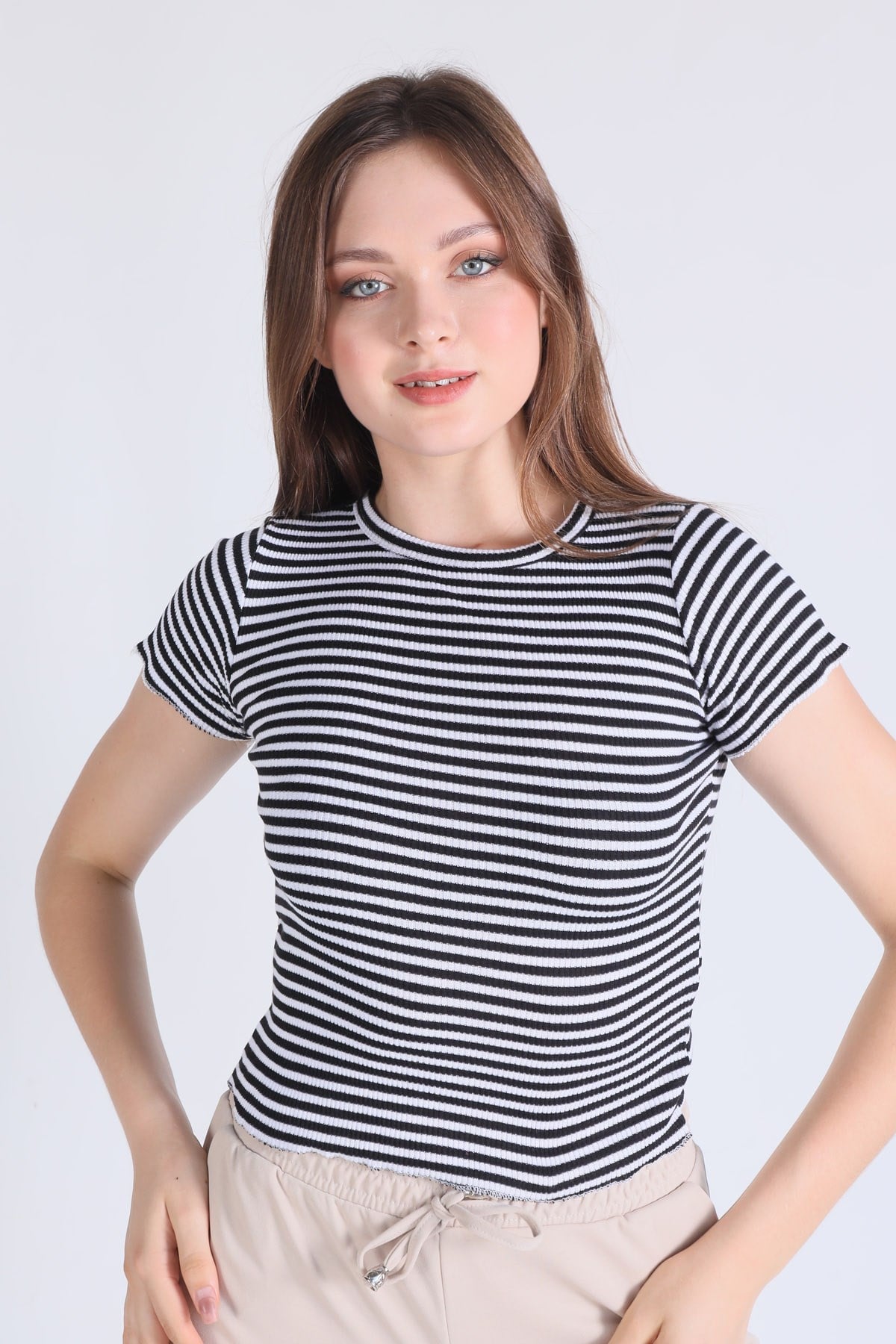 Siyah Çizgili Crop Bluz 5285