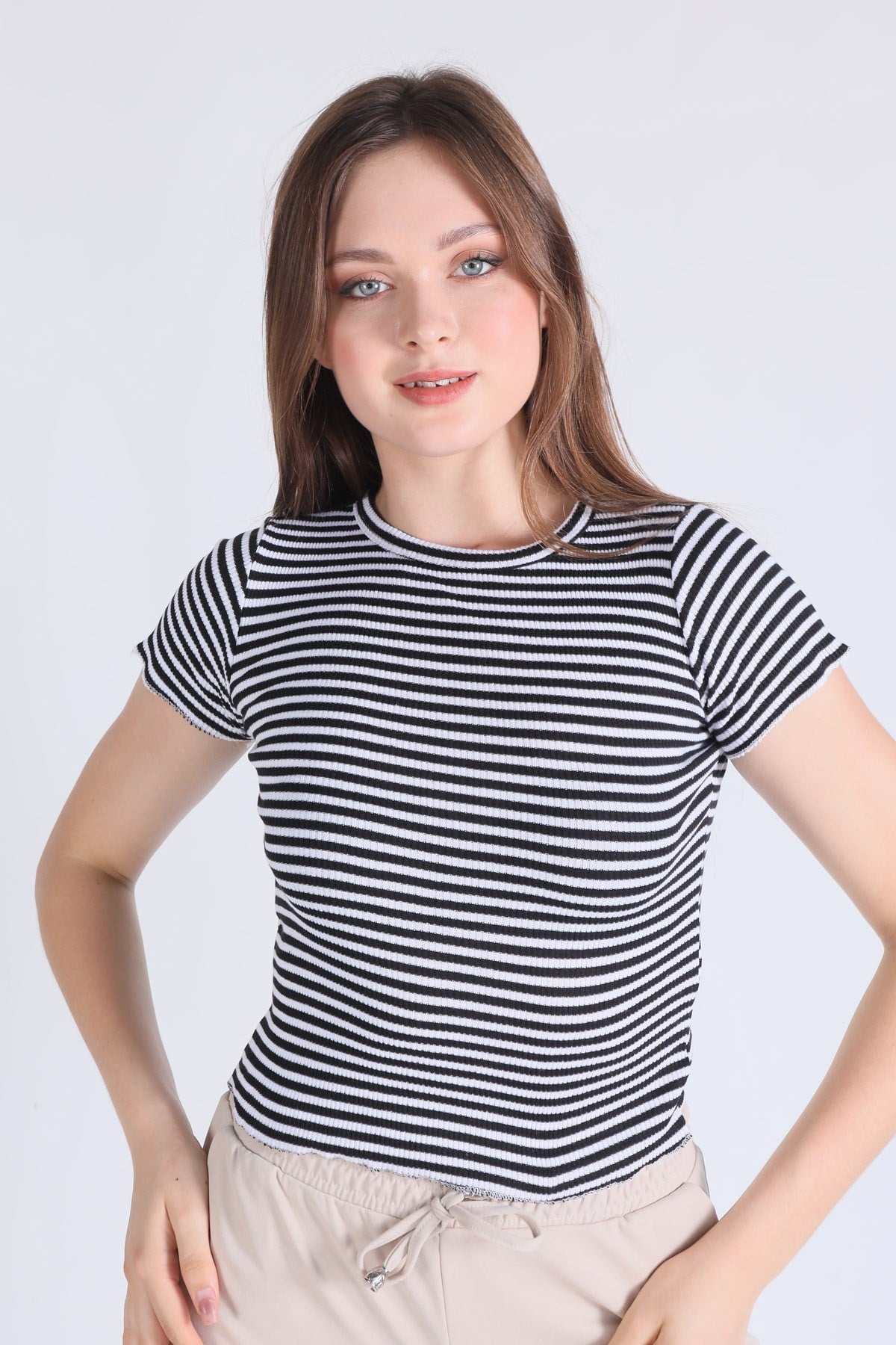 Siyah Çizgili Crop Bluz 5285