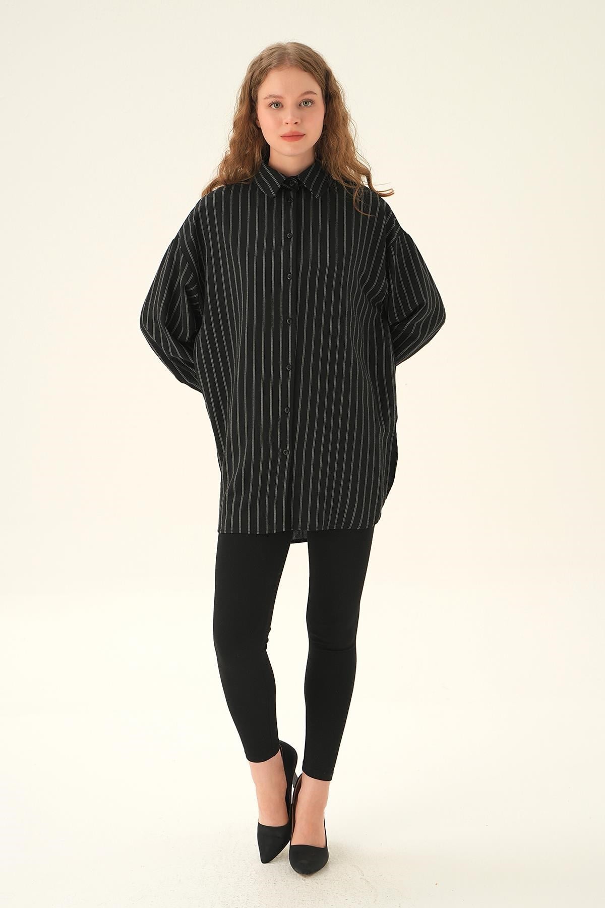 Siyah Çizgili Oversize Gömlek 4013A