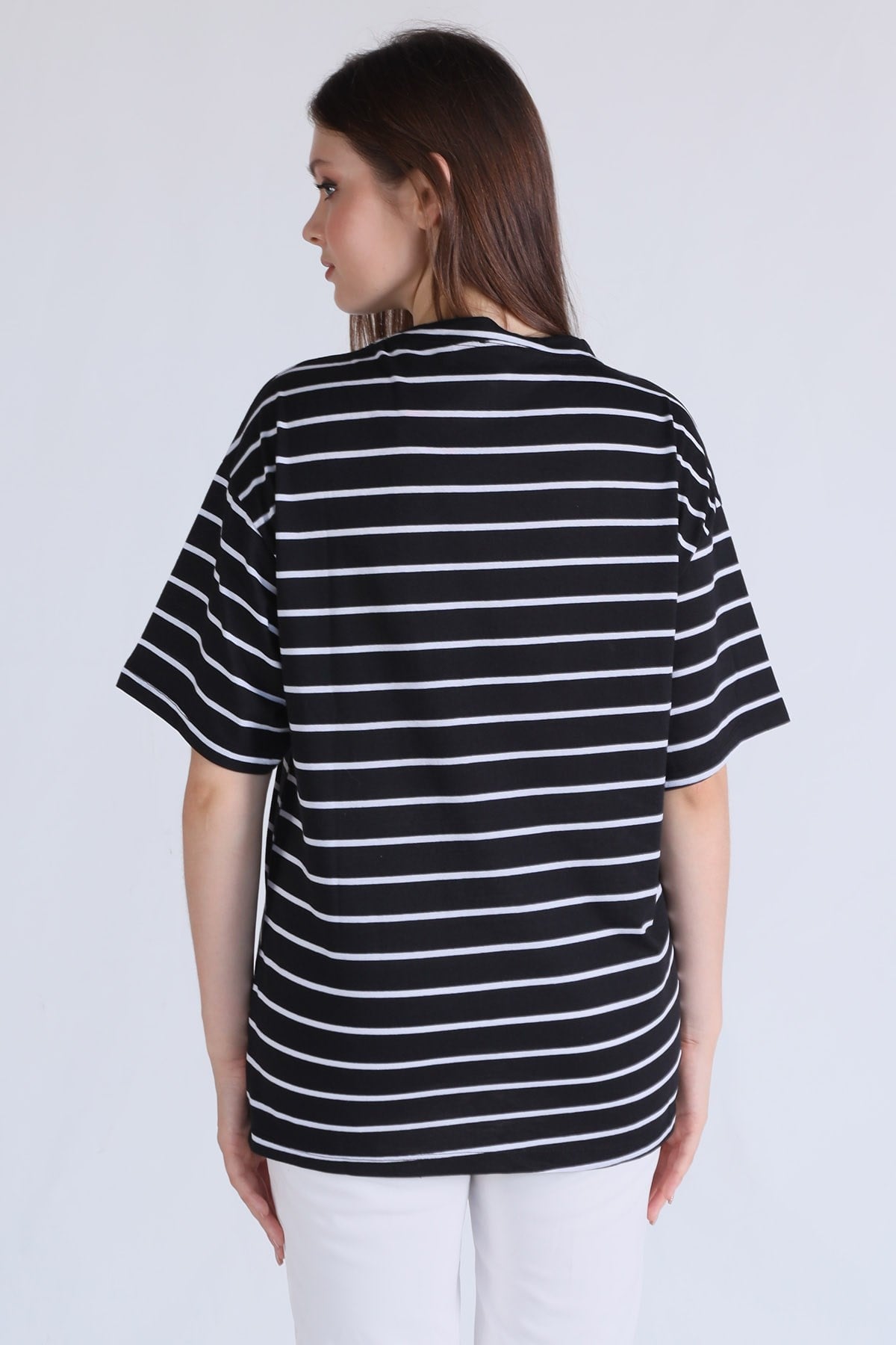 Siyah Çizgili Oversize Tişört 23350