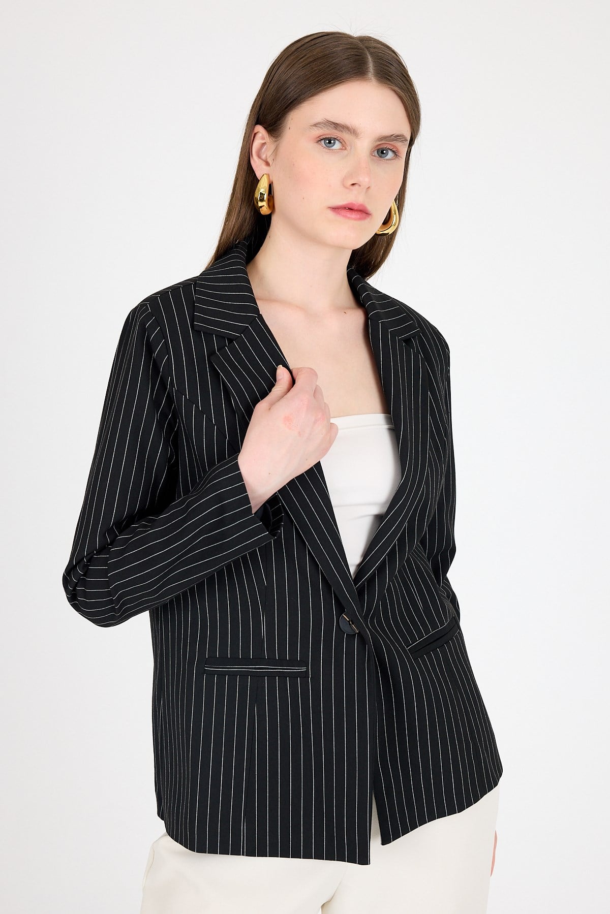Siyah Çizgili Tek Düğmeli Blazer Ceket 4594A