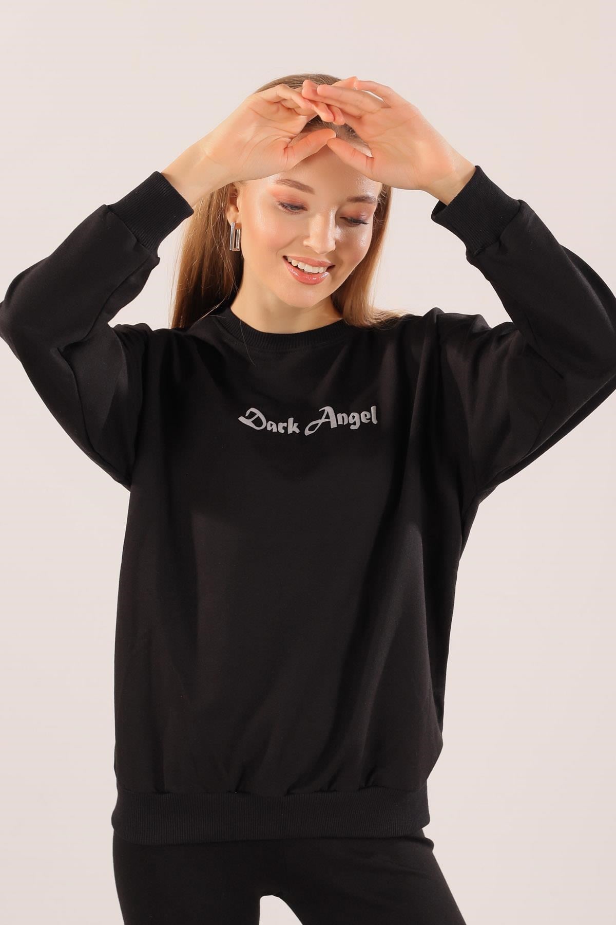 Siyah Dark Angel Baskılı Sweat 8633