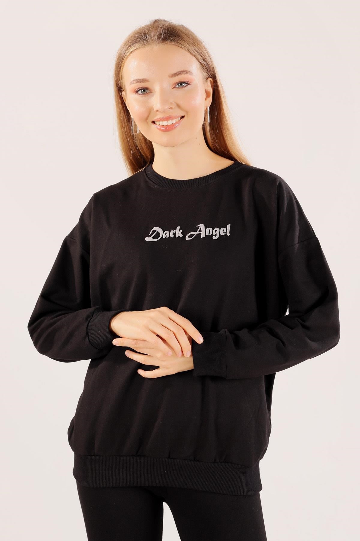 Siyah Dark Angel Baskılı Sweat 8633