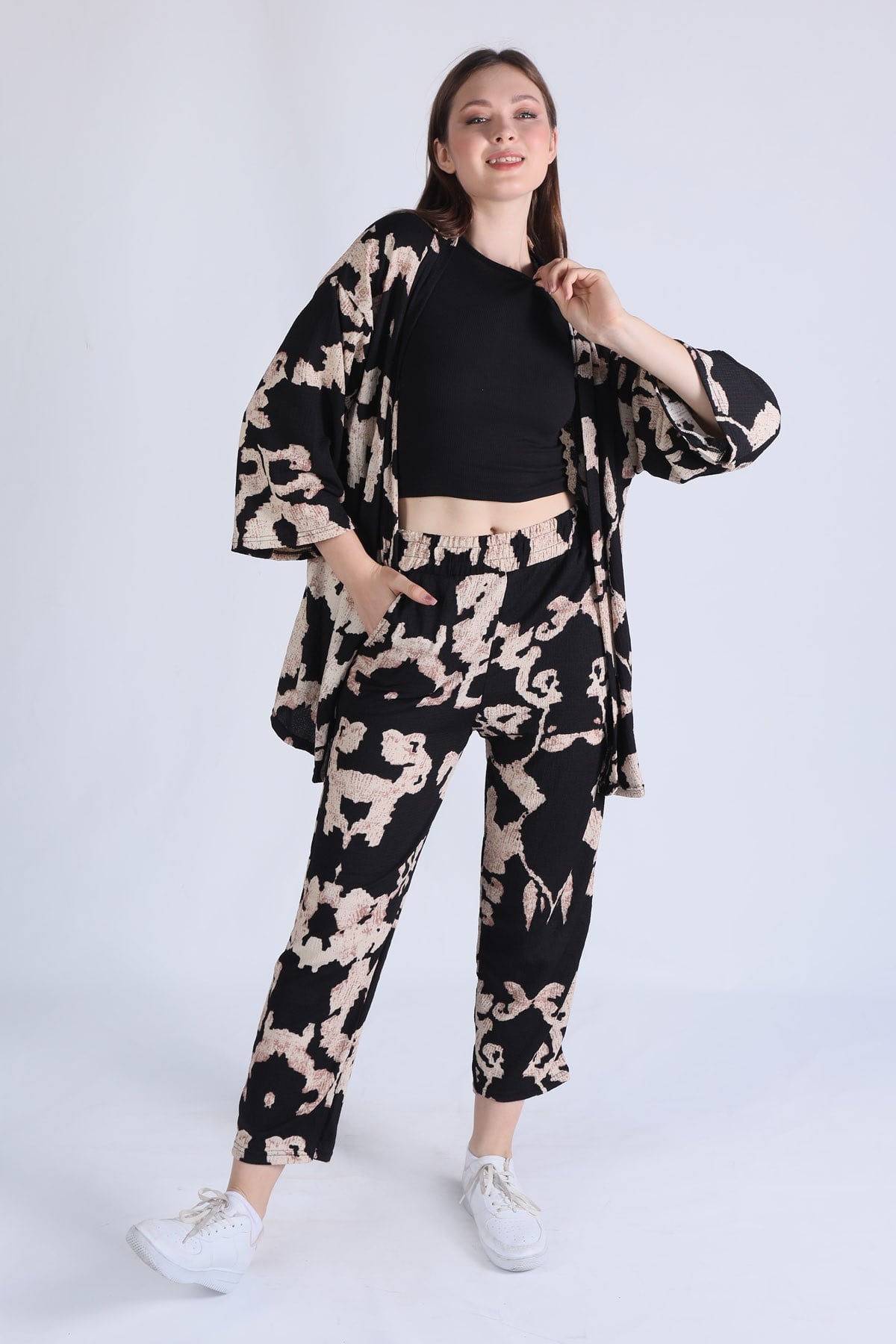 Siyah Desenli Kimono Takım 6729
