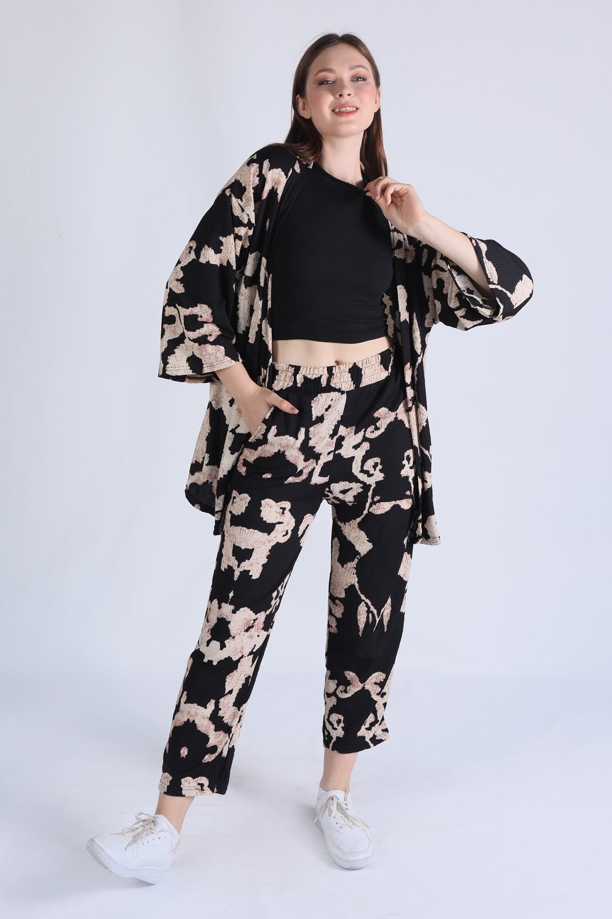Siyah Desenli Kimono Takım 6729