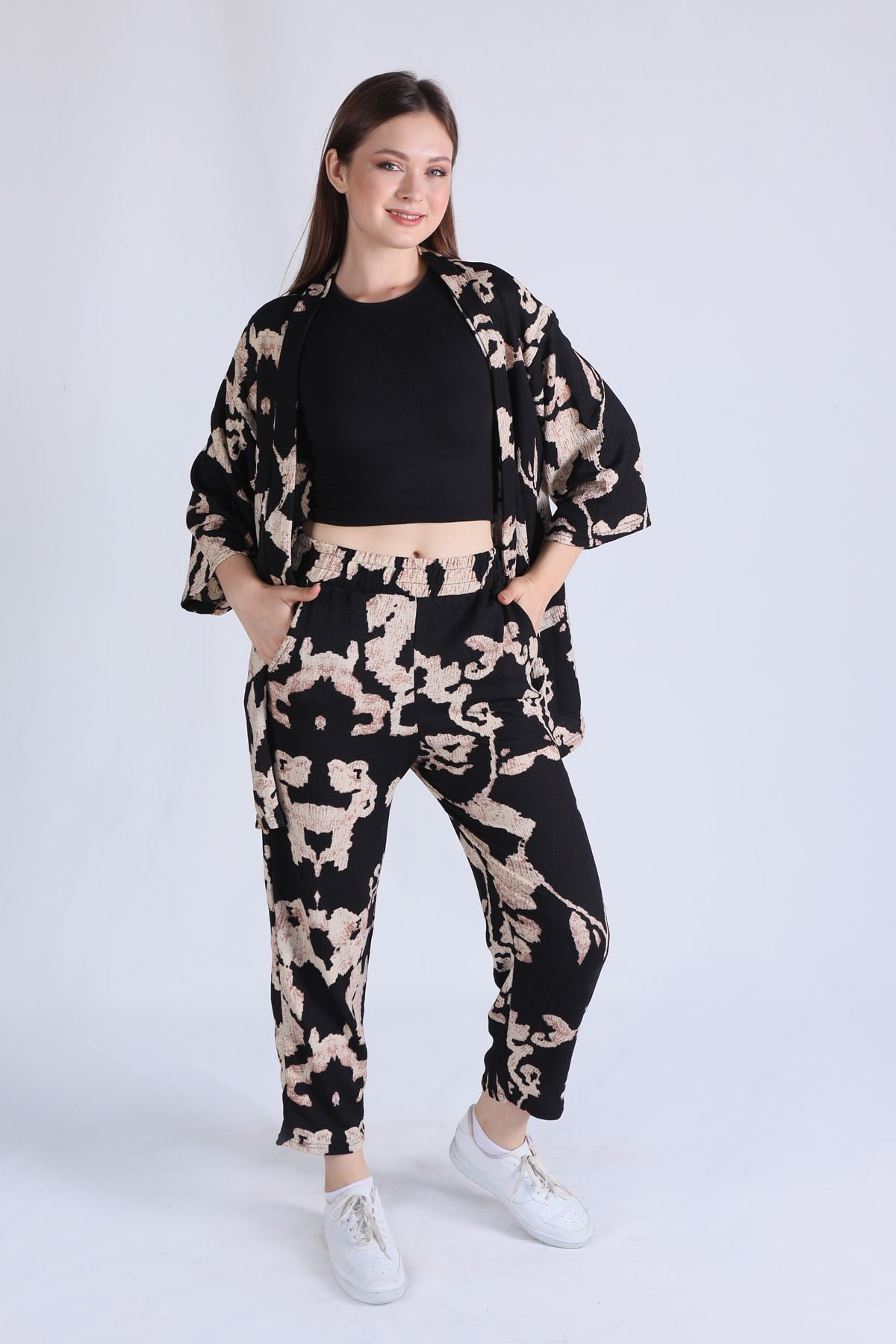 Siyah Desenli Kimono Takım 6729