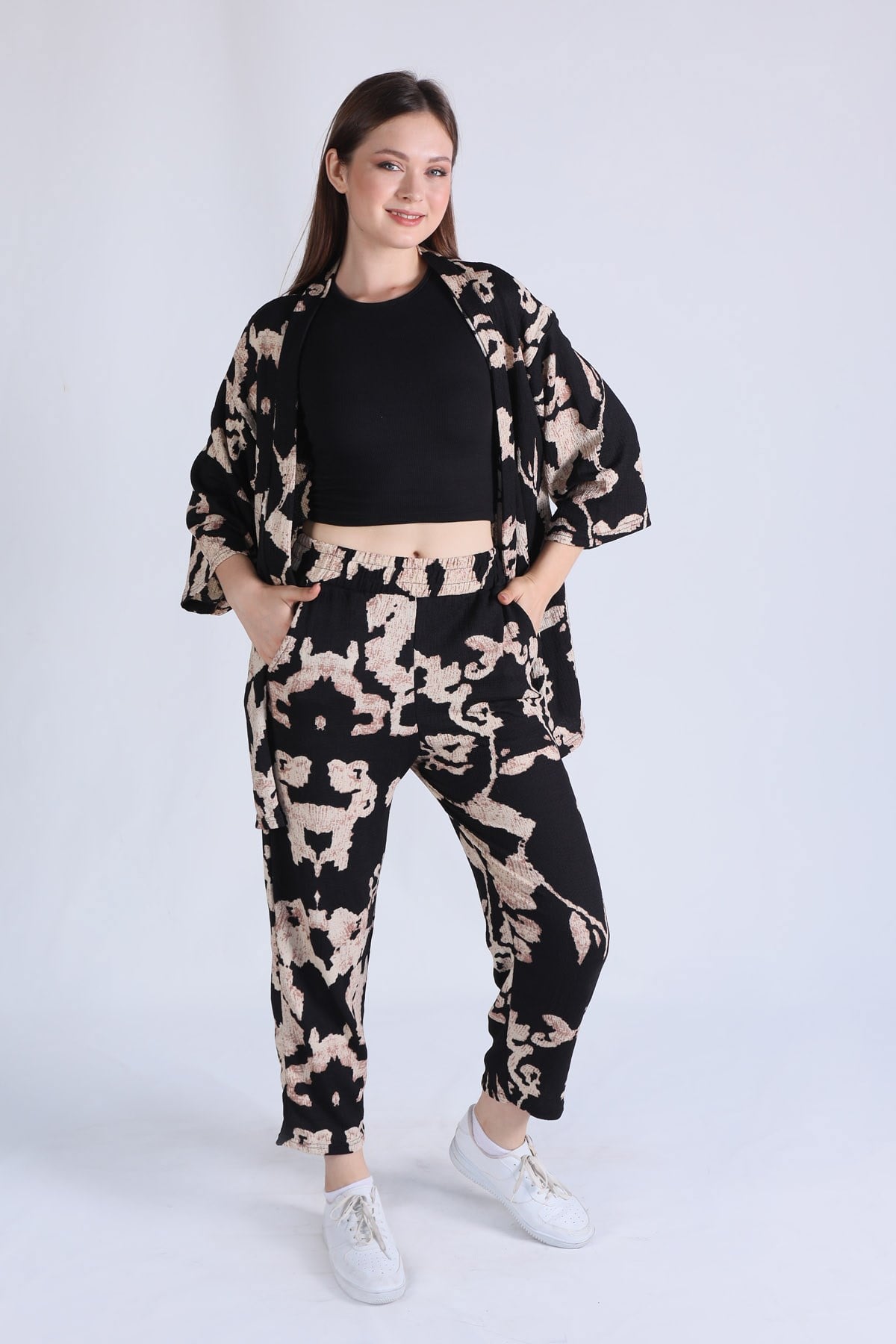 Siyah Desenli Kimono Takım 6729