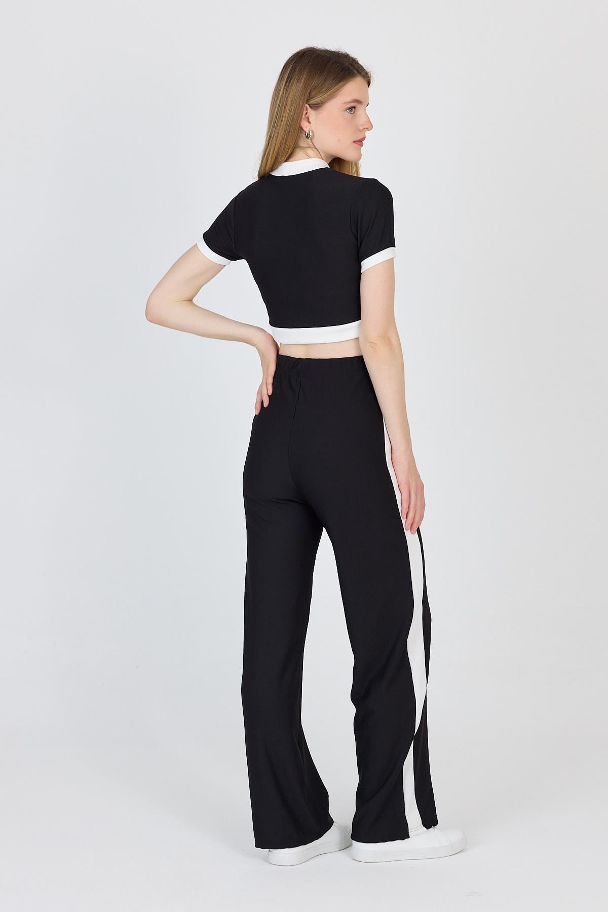 Siyah Düğmeli Crop Bluz & Şeritli Palazzo Pantolon Takım 2214