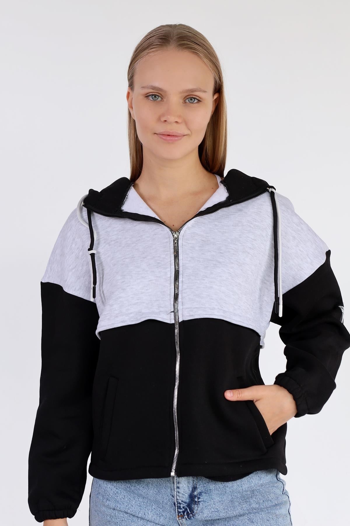 Siyah-Ekru Fermuar Detay Çift Renk Sweat 9144M