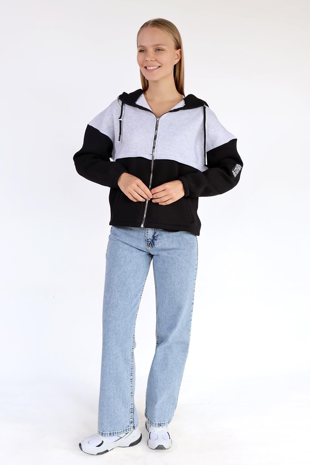 Siyah-Ekru Fermuar Detay Çift Renk Sweat 9144M