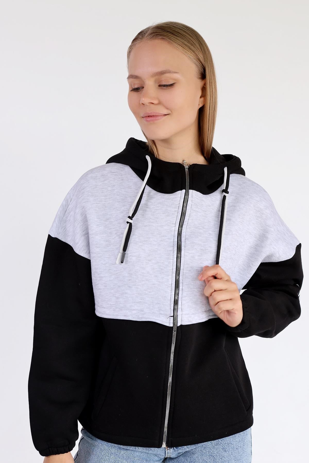 Siyah-Ekru Fermuar Detay Çift Renk Sweat 9144M