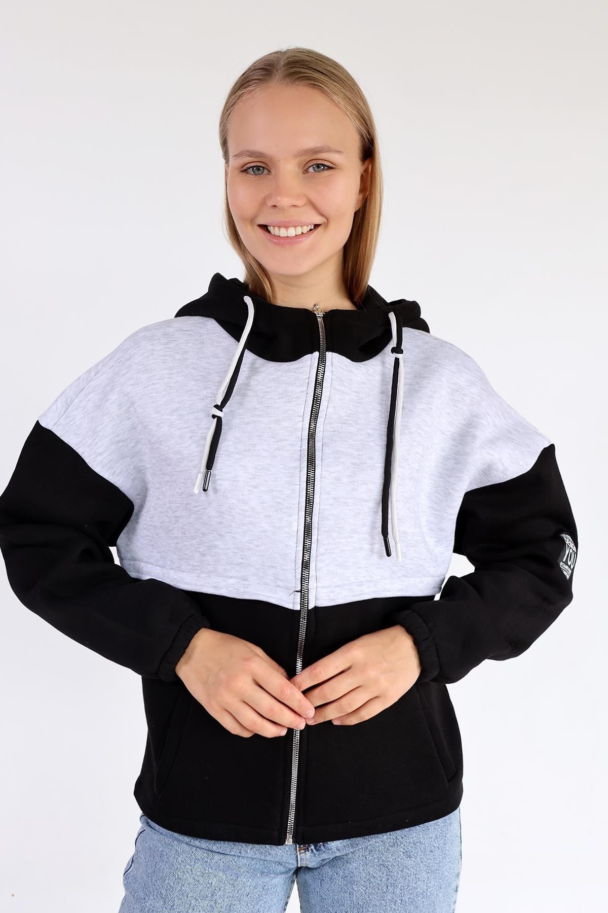 Siyah-Ekru Fermuar Detay Çift Renk Sweat 9144M