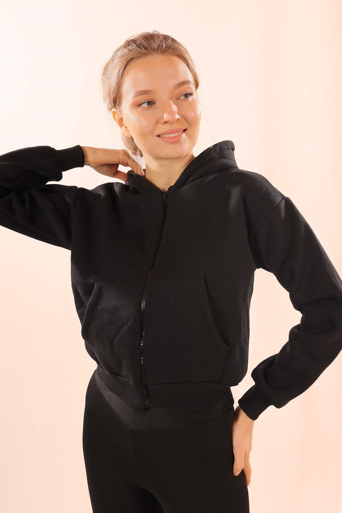 Siyah Fermuarlı Kısa Sweat 1783