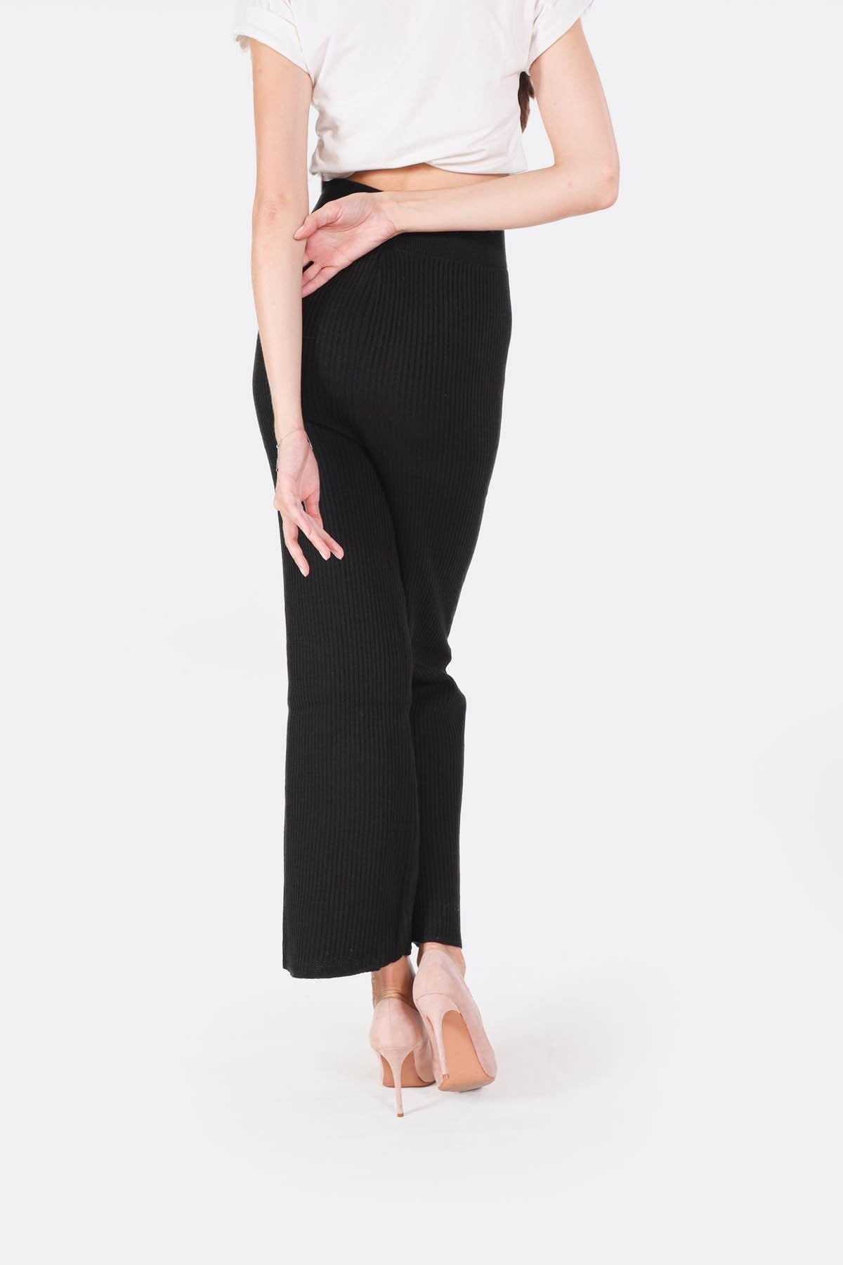 Siyah Geniş Paça Triko Pantolon 3028