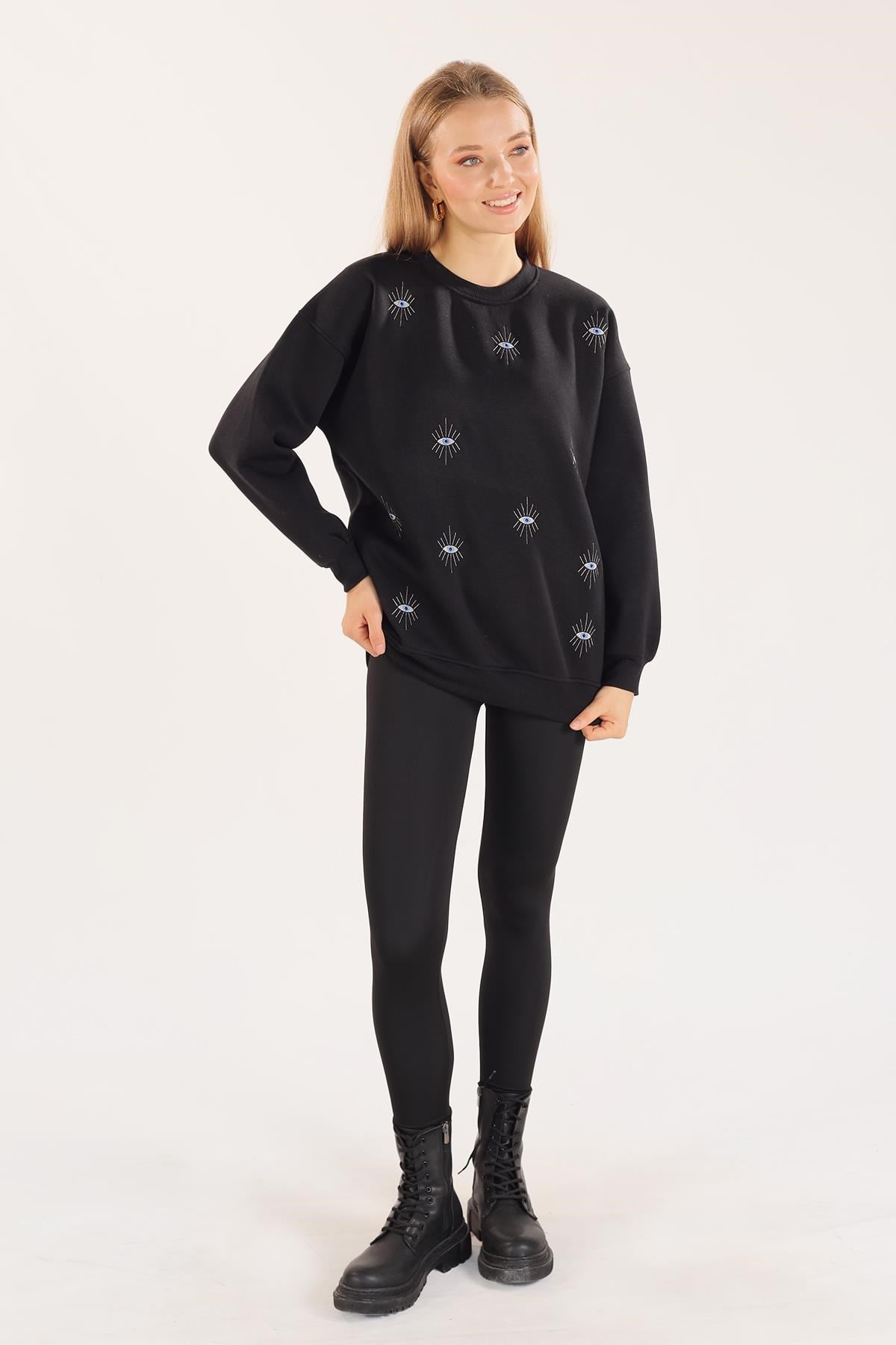 Siyah Göz Nakışlı Oversize Sweat 1543