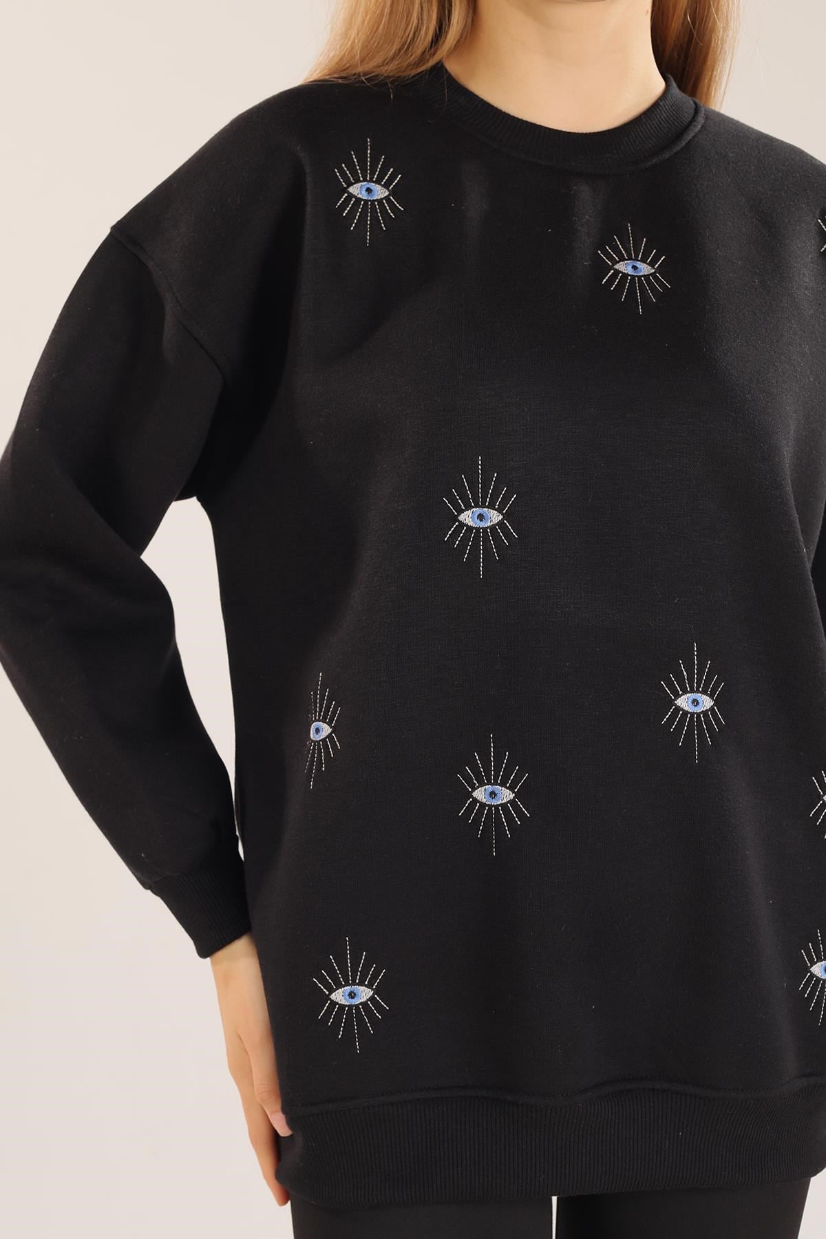 Siyah Göz Nakışlı Oversize Sweat 1543