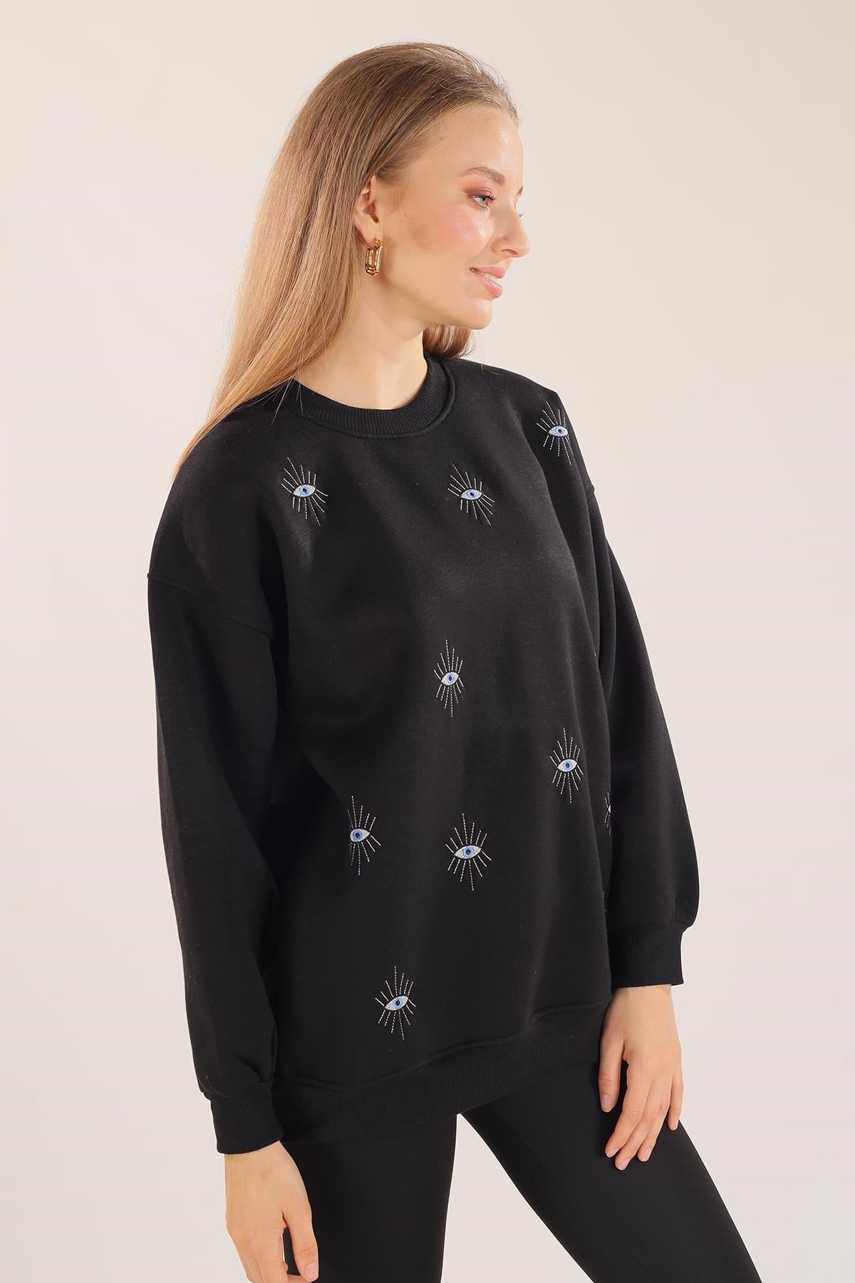 Siyah Göz Nakışlı Oversize Sweat 1543