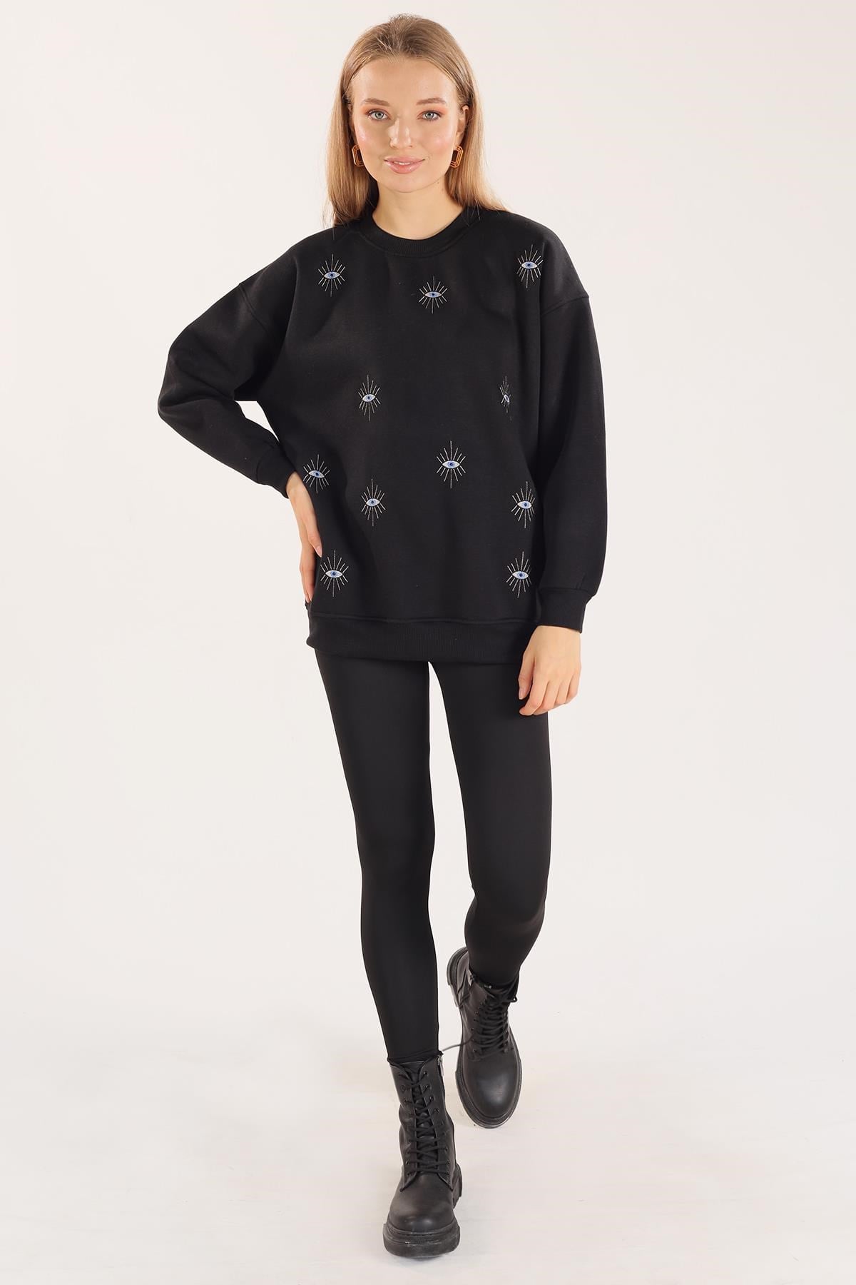 Siyah Göz Nakışlı Oversize Sweat 1543