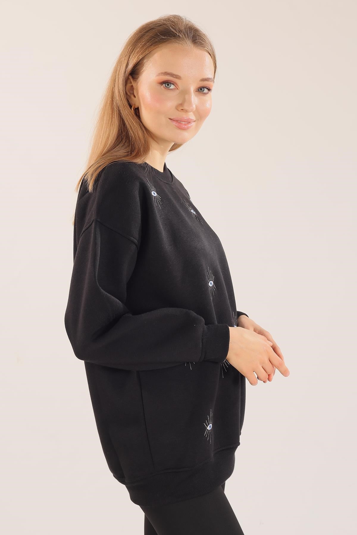 Siyah Göz Nakışlı Oversize Sweat 1543
